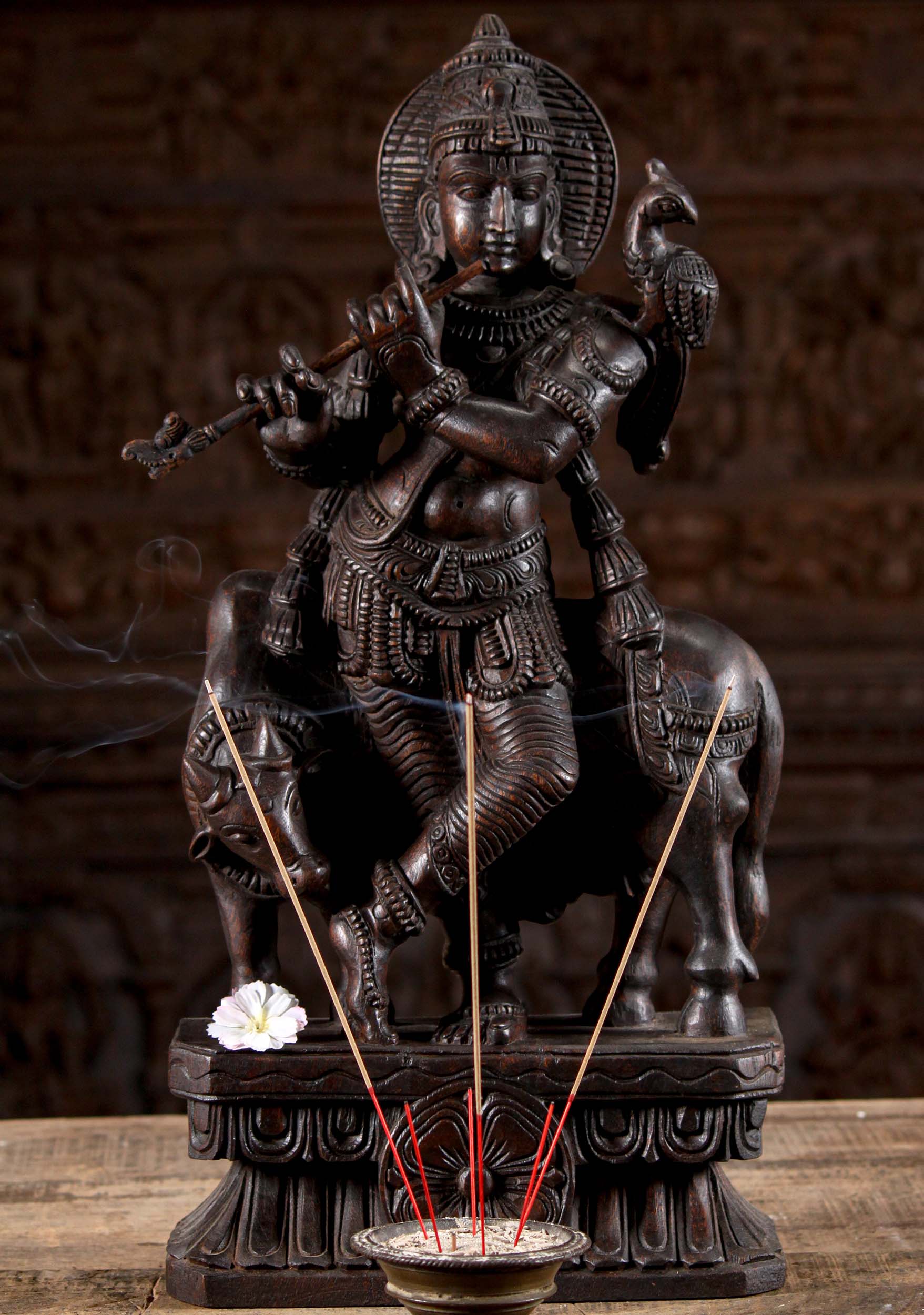 Dark Neem Wood Hand Carved Krishna Sttaue Playing the Flute Standing with a Cow 24"