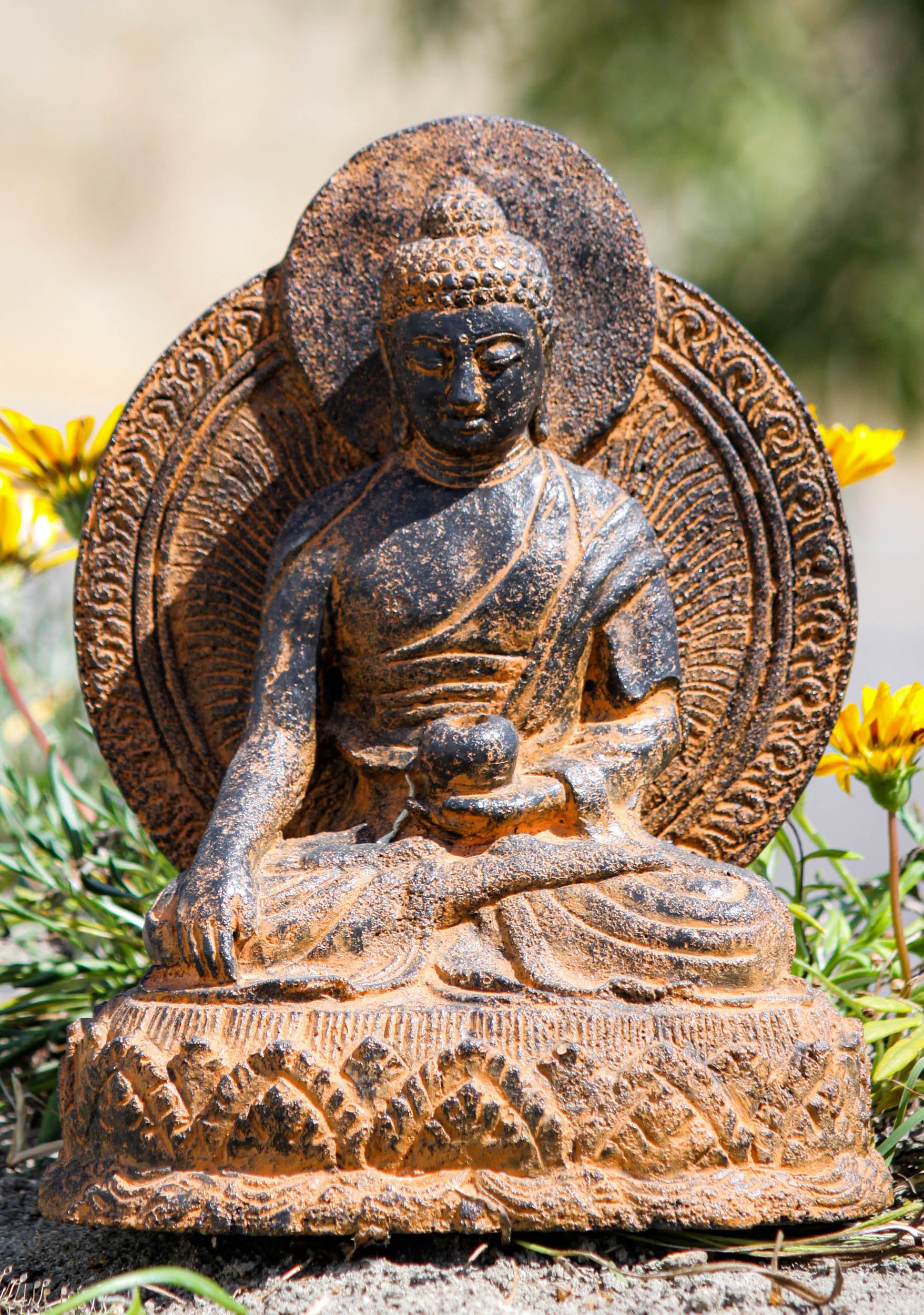 Lava Stone Powder Padmasana Seated Buddha with Double Halo Outdoor Sculpture 10"