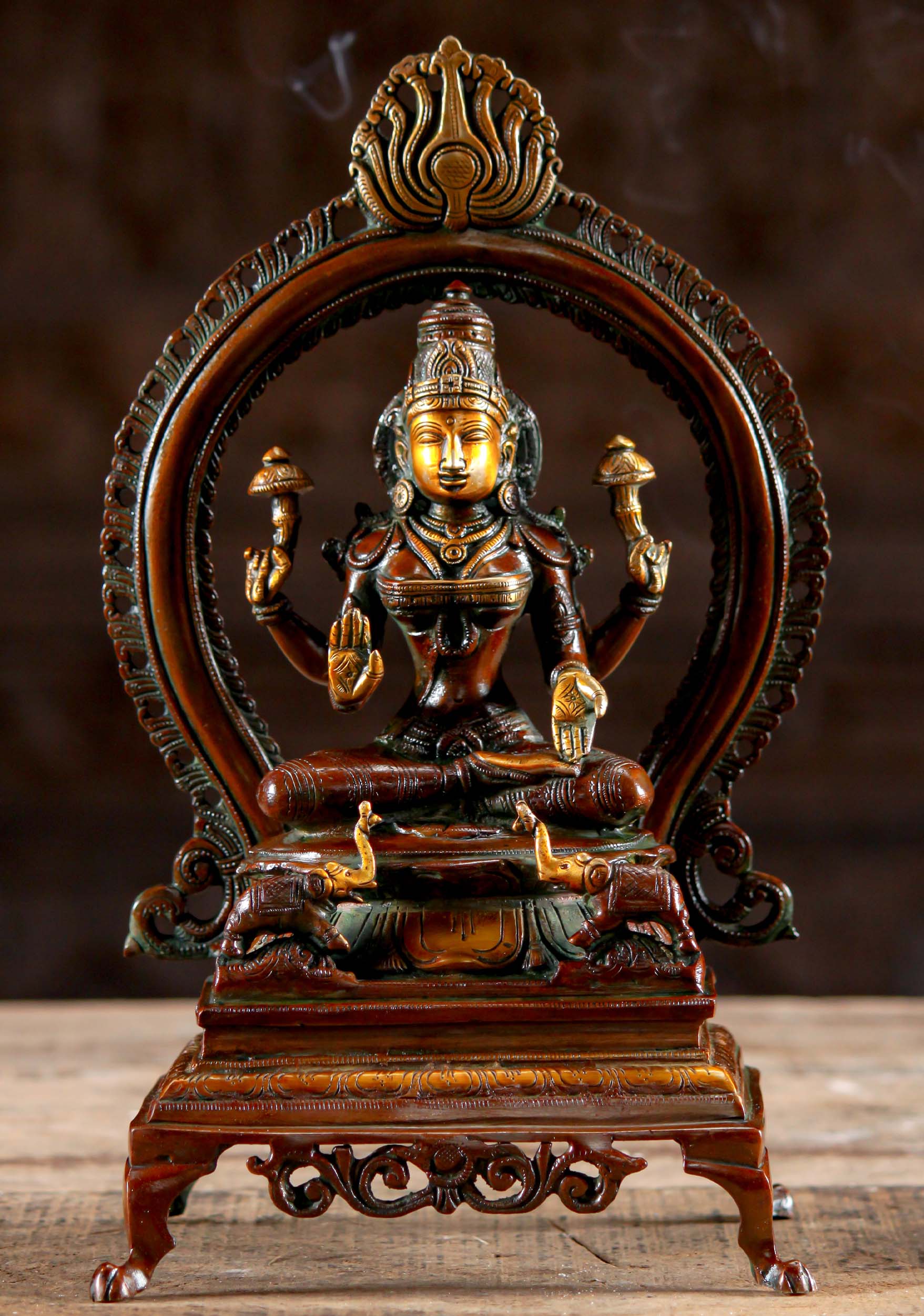 Brass Hindu Goddess Lakshmi Statue Flanked by 2 Elephants Known as Gaja Lakshmi Murti 13"