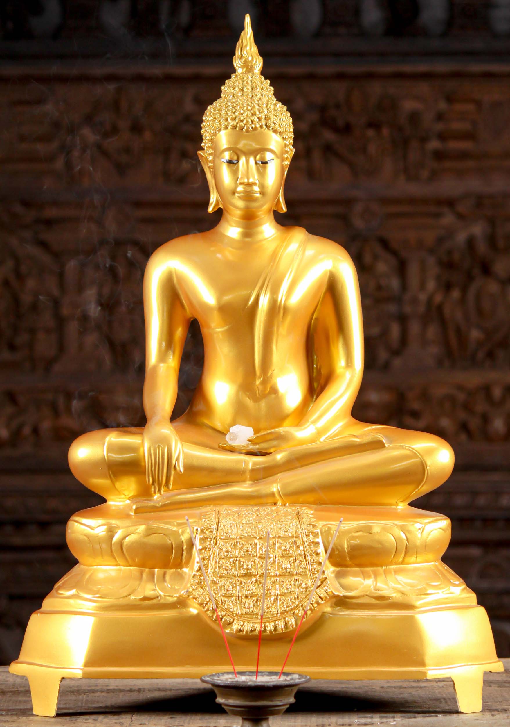 Gold Thai Brass Earth Touching Mudra Buddha Statue Seated on Throne 29"