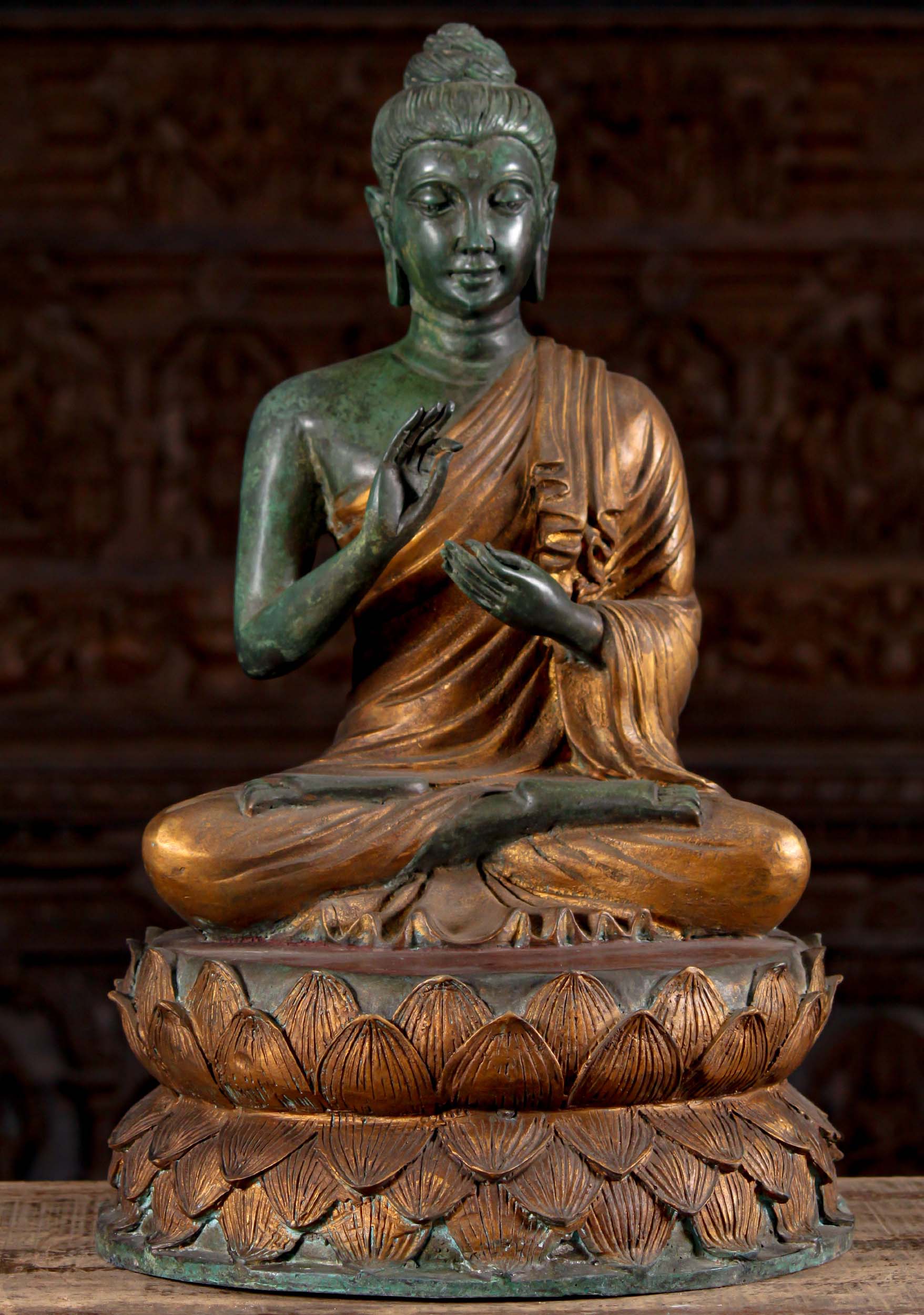 Brass Padmasana Seated Gandharan Buddha On Circular Lotus Base 23"