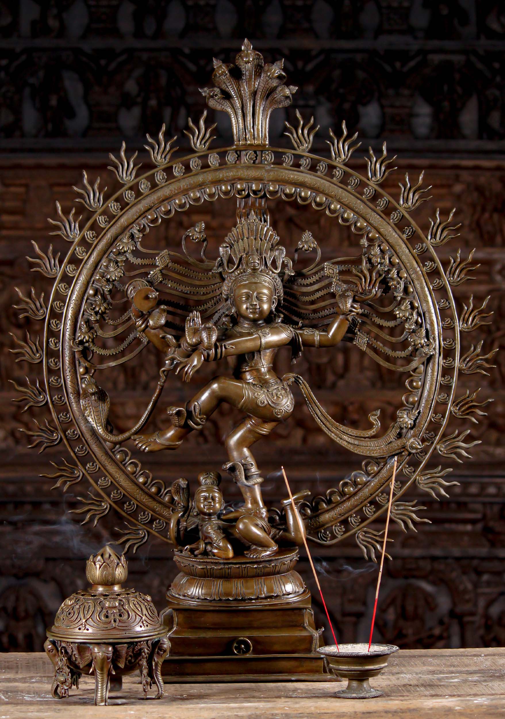 Masterpiece Bangladeshi Lost Wax Method Dancing Nataraja Sculpture with Cobras & Dwarf 34"