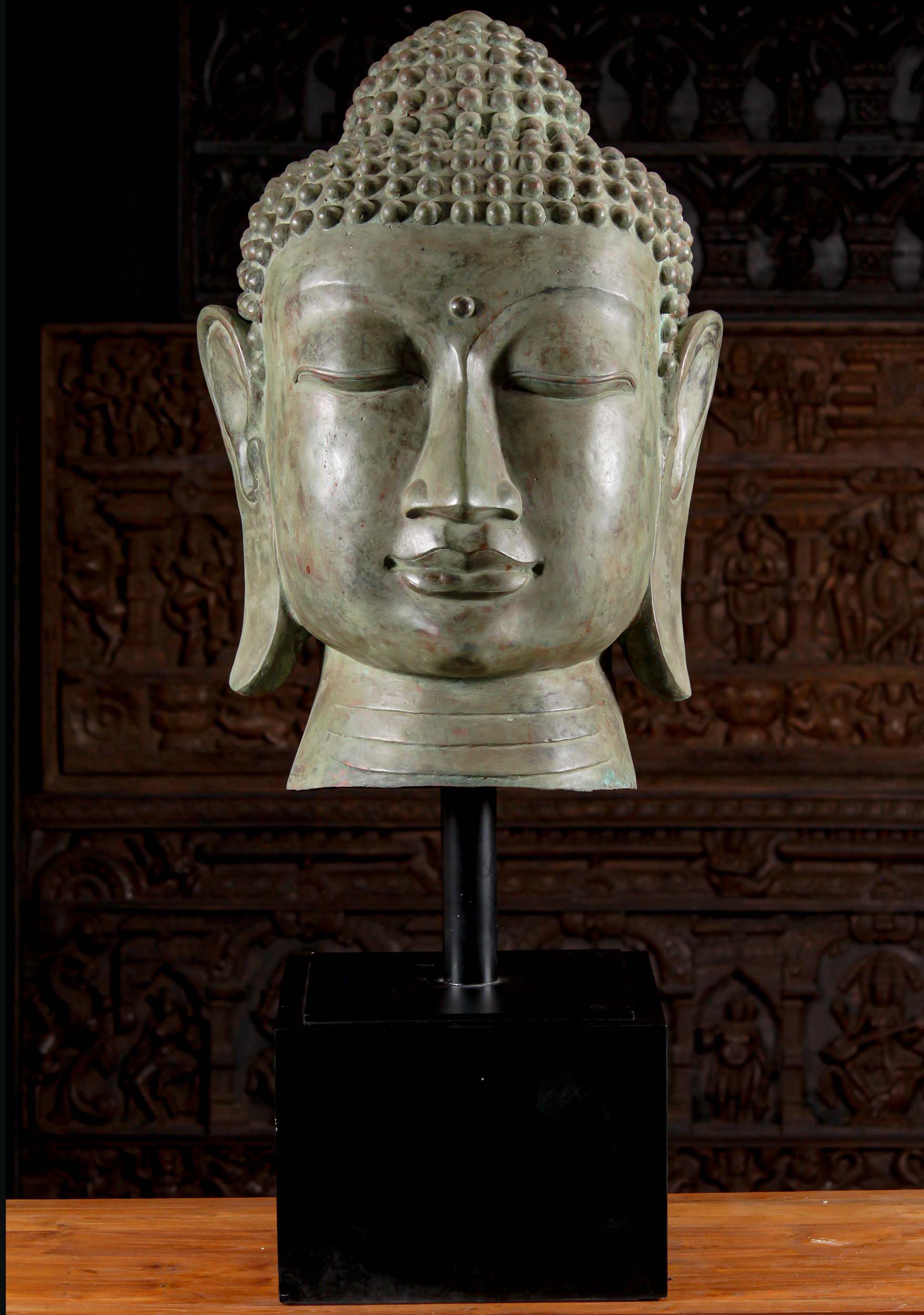 Large Serene Brass Buddha Bust on Wooden Base Buddhist Sculpture Home Decor 53"