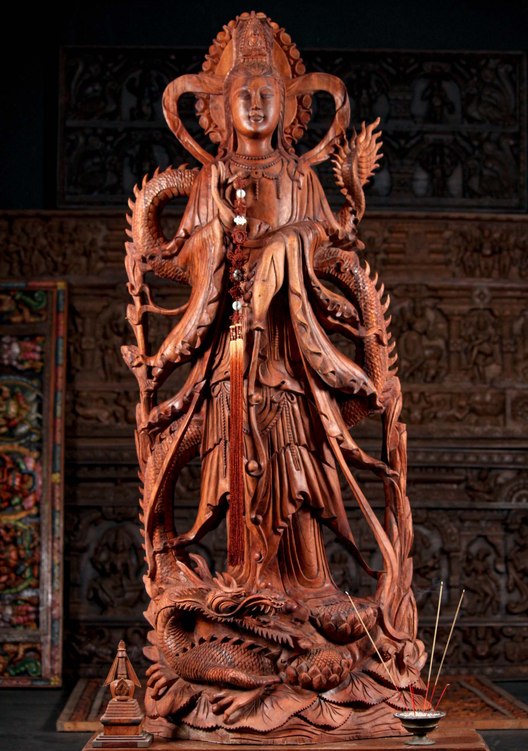 Stunning Hand Carved Wood Kwan Yin Standing on a Dragon with the "Pearl of Light" Statue 61"