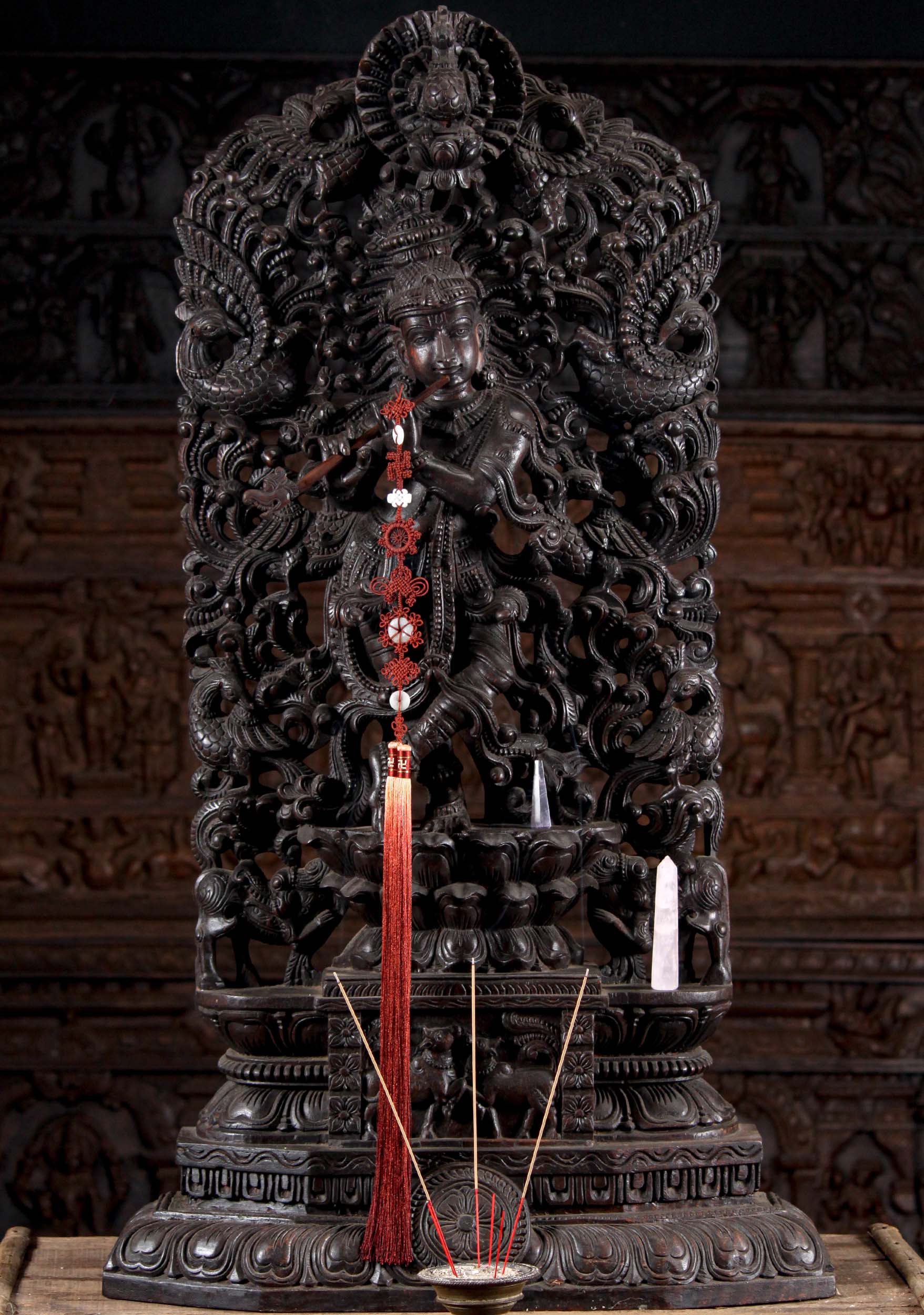 Wood Carving of Gopal Krishna Playing the Flute Under Lush Canopy with 9 Peacock & 2 Cows 47"