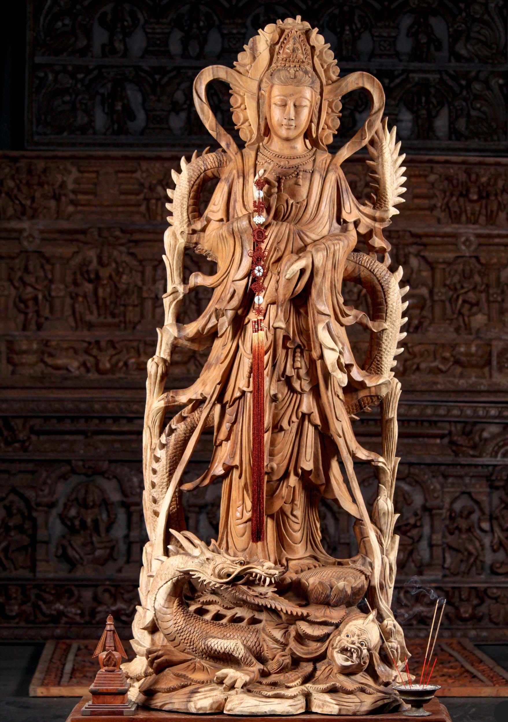 Large Hand Carved Wood Kwan Yin Standing on a Dragon with the "Pearl of Light" Statue 61"