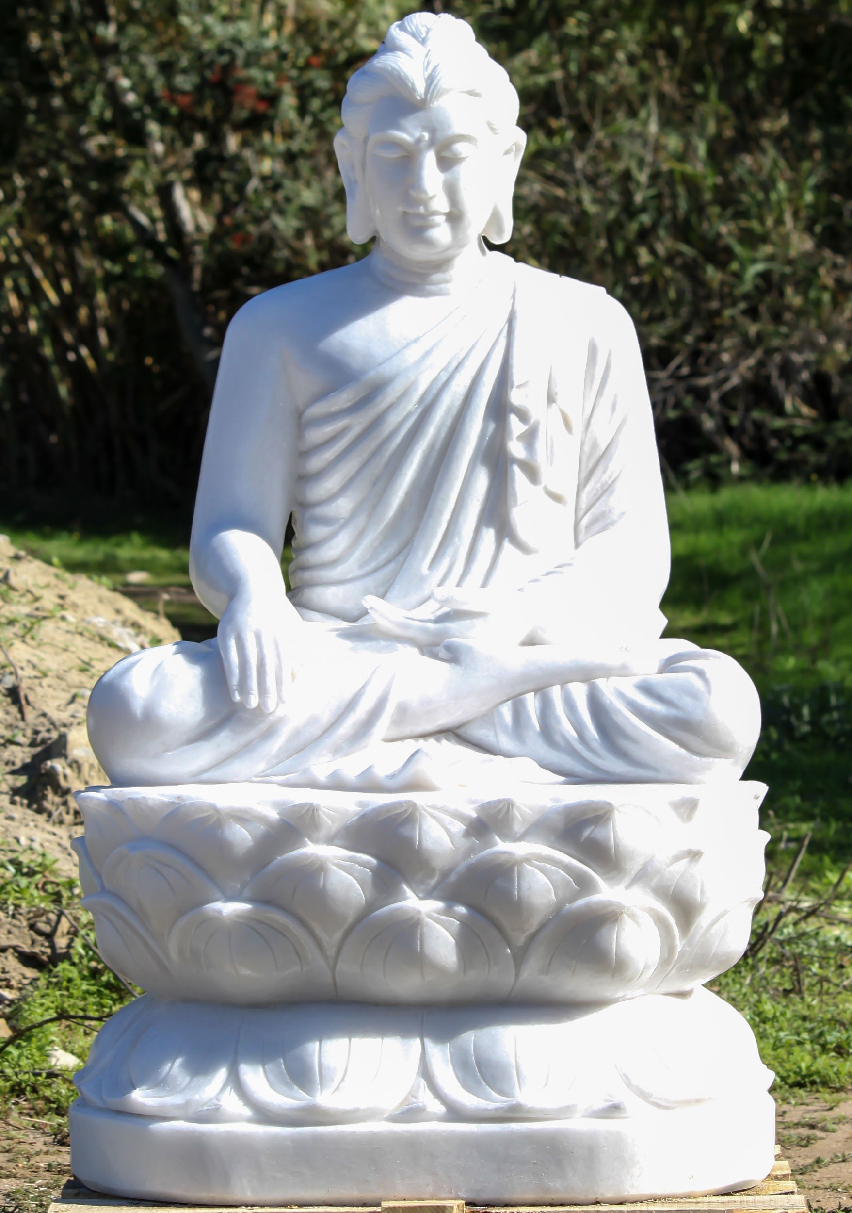 White Marble Earth Touching Gandhara Style Buddha Statue Perfect for the Garden 49"