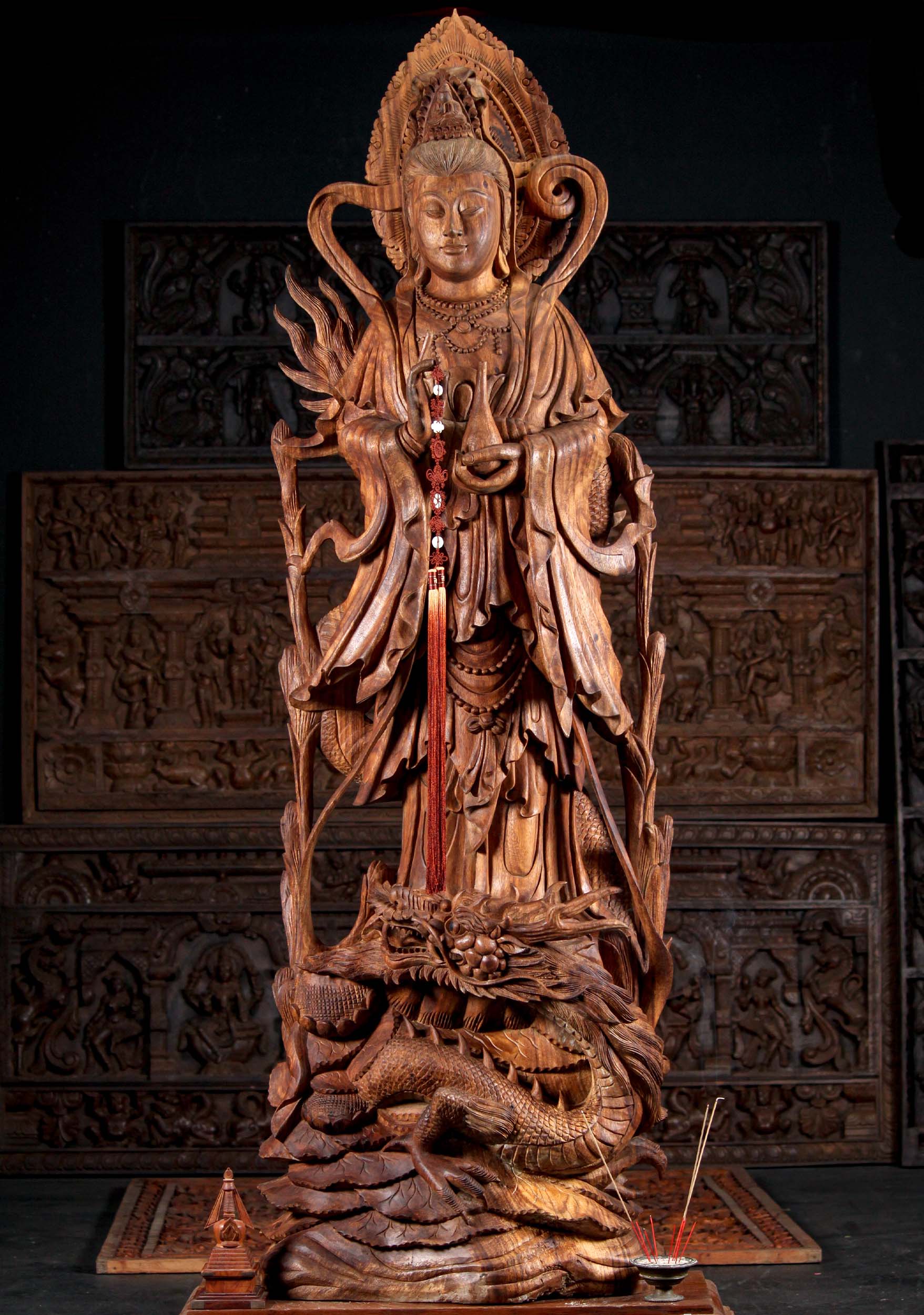 Beautiful Hand Carved Wood Kwan Yin Standing on a Dragon with the "Pearl of Light" Statue 81"