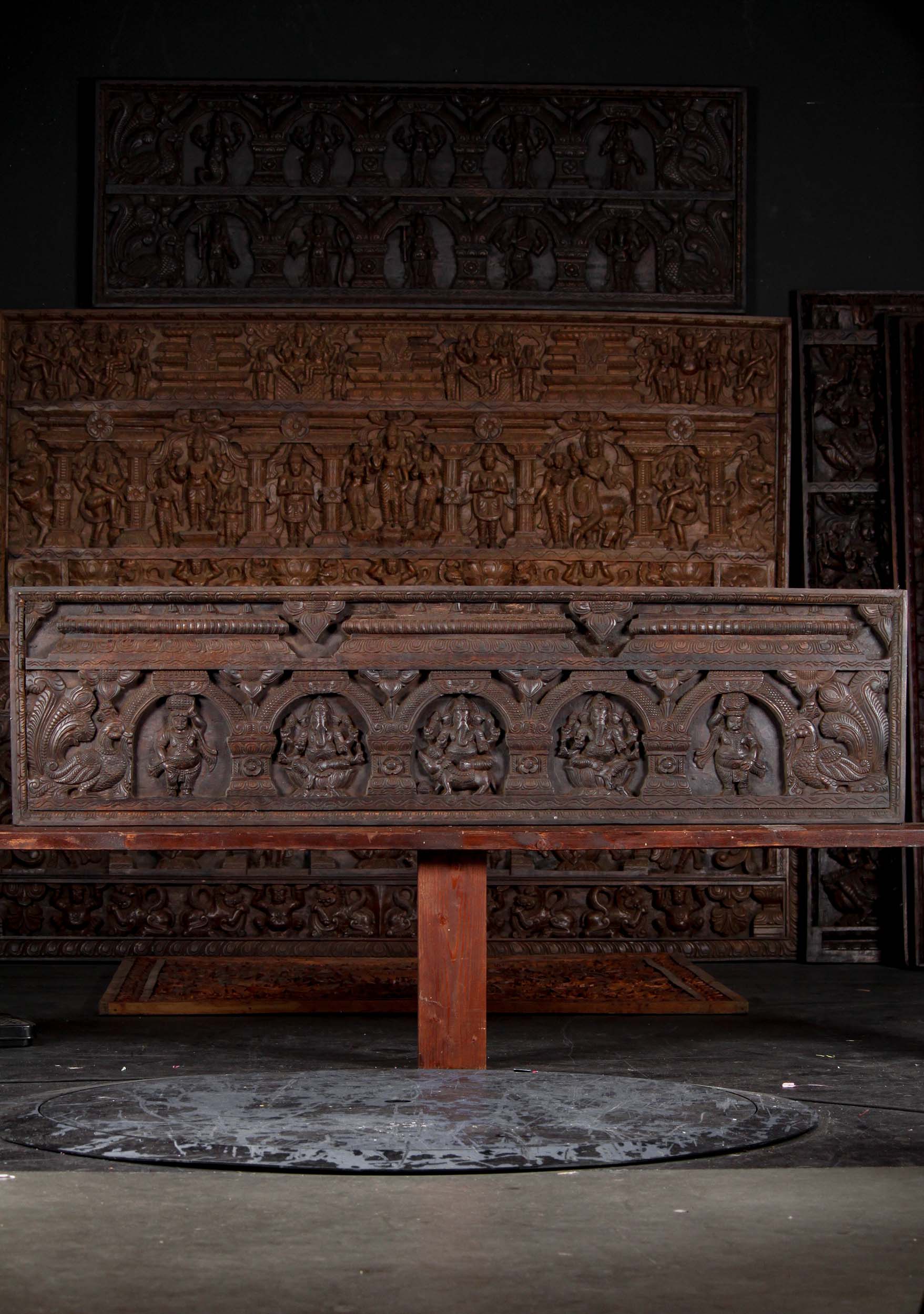 Large Horizontal Wood Wall Panel Sculpture Depicting 3 Ganeshas, 2 Peacocks, and 2 Gana 72"x19"