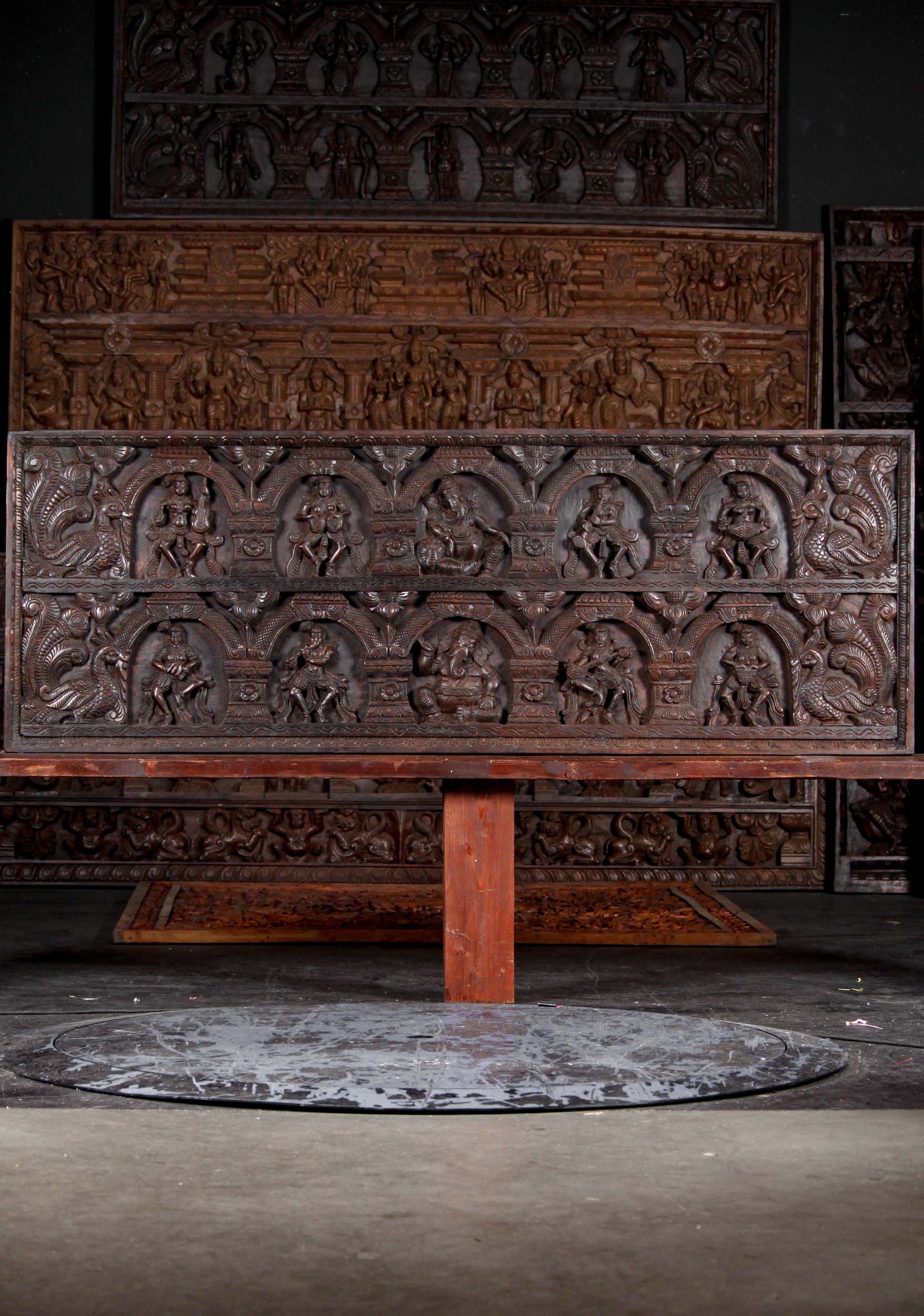 Wooden Ganesh Panel With 2 Ganeshas, 4 Peacocks, and 8 Musical Basava Temple Dancers 71"x26"