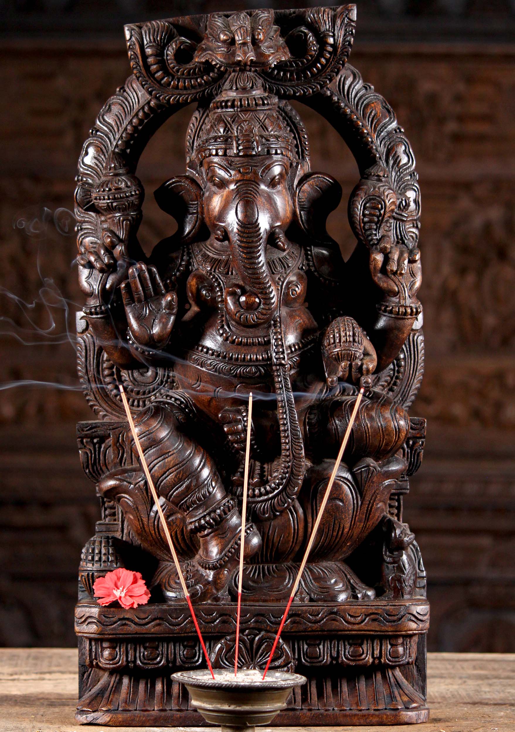 Wooden Seated Ganesha Under Arch in Abhaya Mudra of Protection Hand Carved Neem Wood Statue 24"