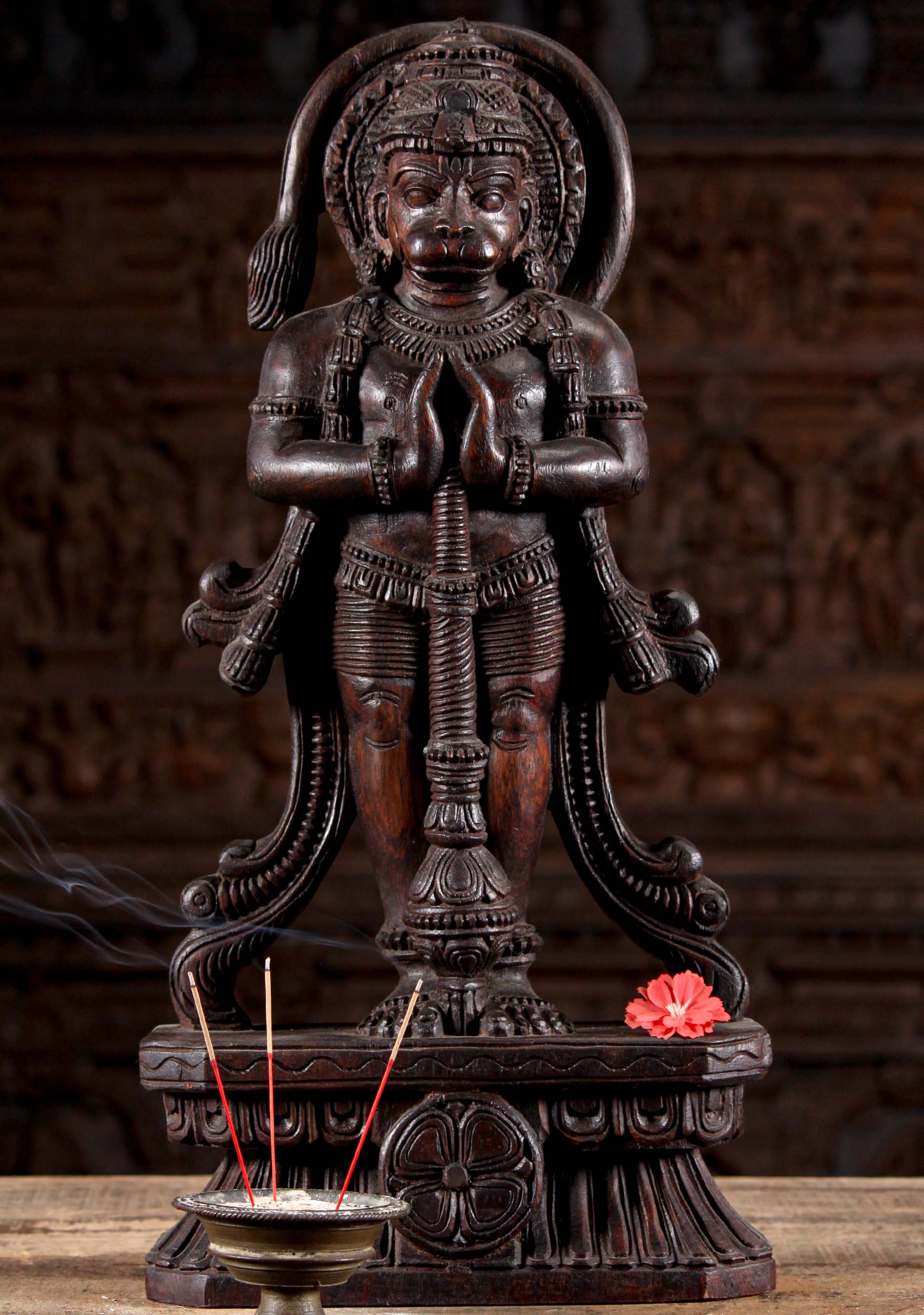 Wood Standing Namaste Hanuman Statue Holding a Club on a Lotus Flower Base 24"