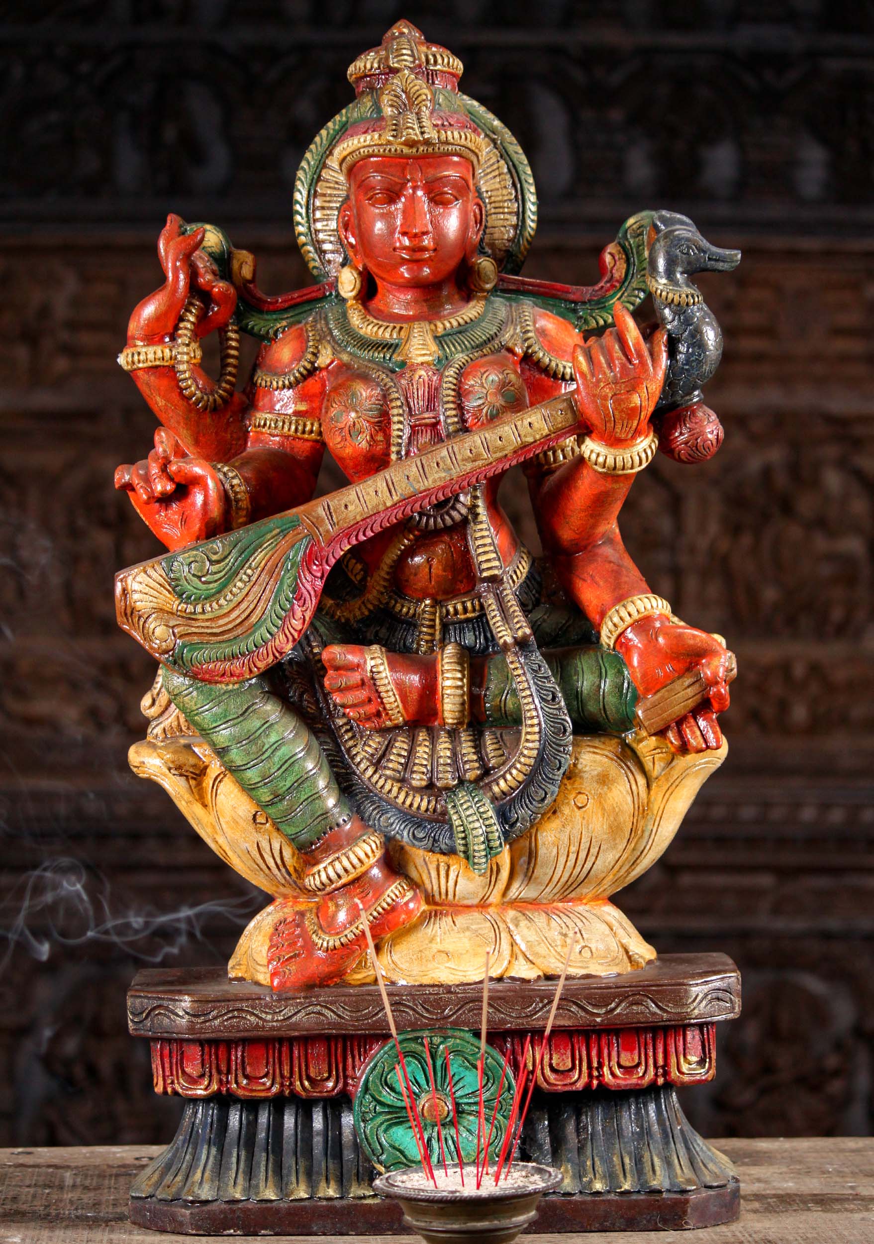 Painted Wooden Saraswati Carving Seated on Lotus Playing the Veena Sculpture 30"