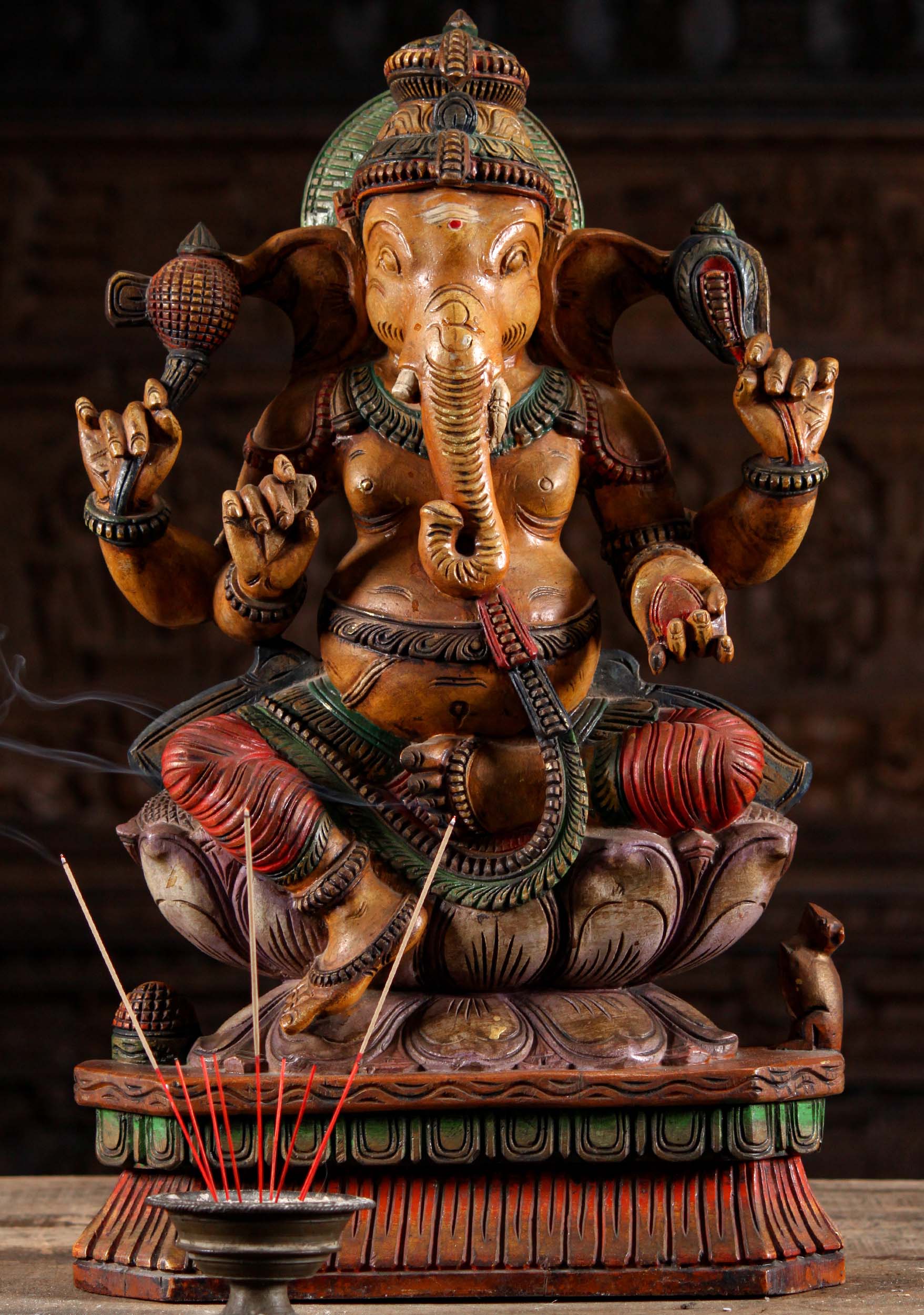 Painted Wood Hand Carved Seated Ganesha Statue on Lotus Base Holding Tusk 24"