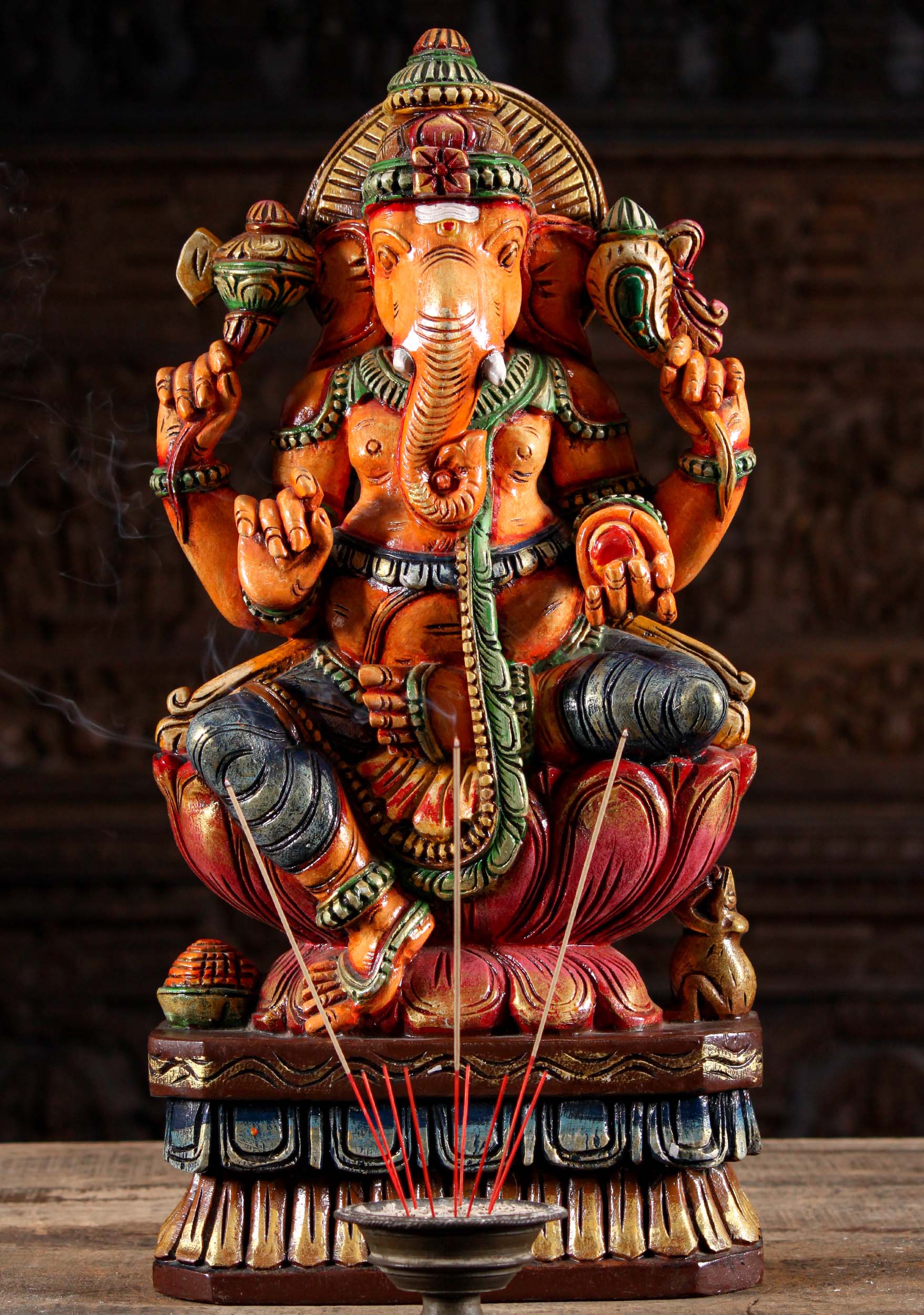 Orange Painted Wood Hand Carved Seated Ganesha Statue on Lotus Base with Mooshika Rat 24"