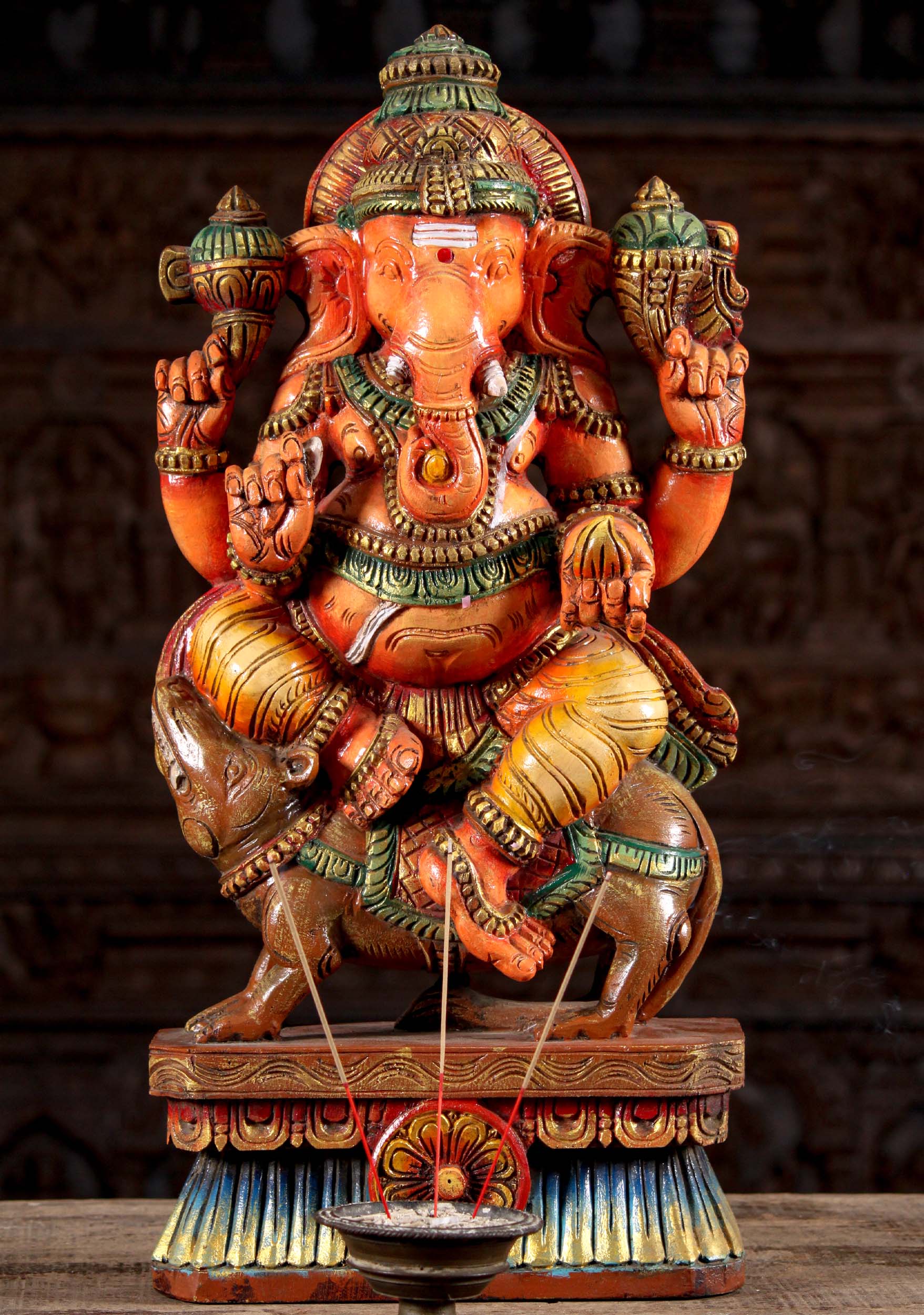 Painted Wooden Ganesh Seated on His Vehicle or Vanhana Mooshika the Rat 24"