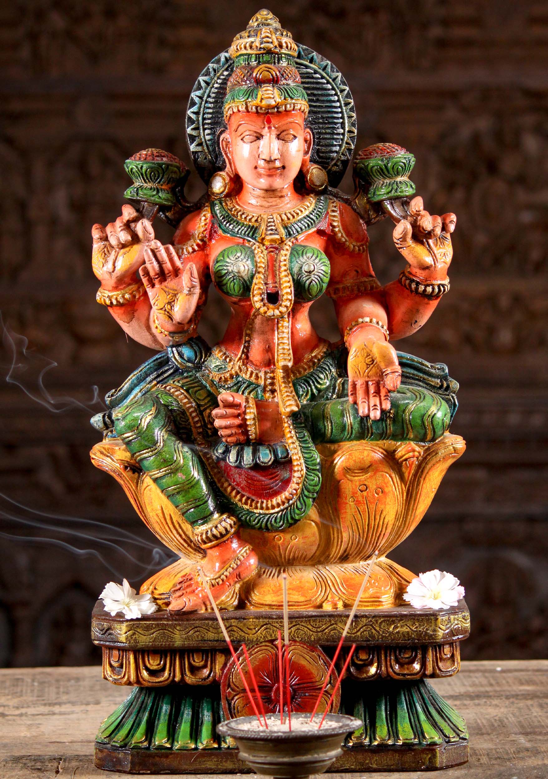 Vibrantly Painted Neem Wood Lakshmi Sculpture Holding Two Lotus Flowers in Abhaya Mudra 24"