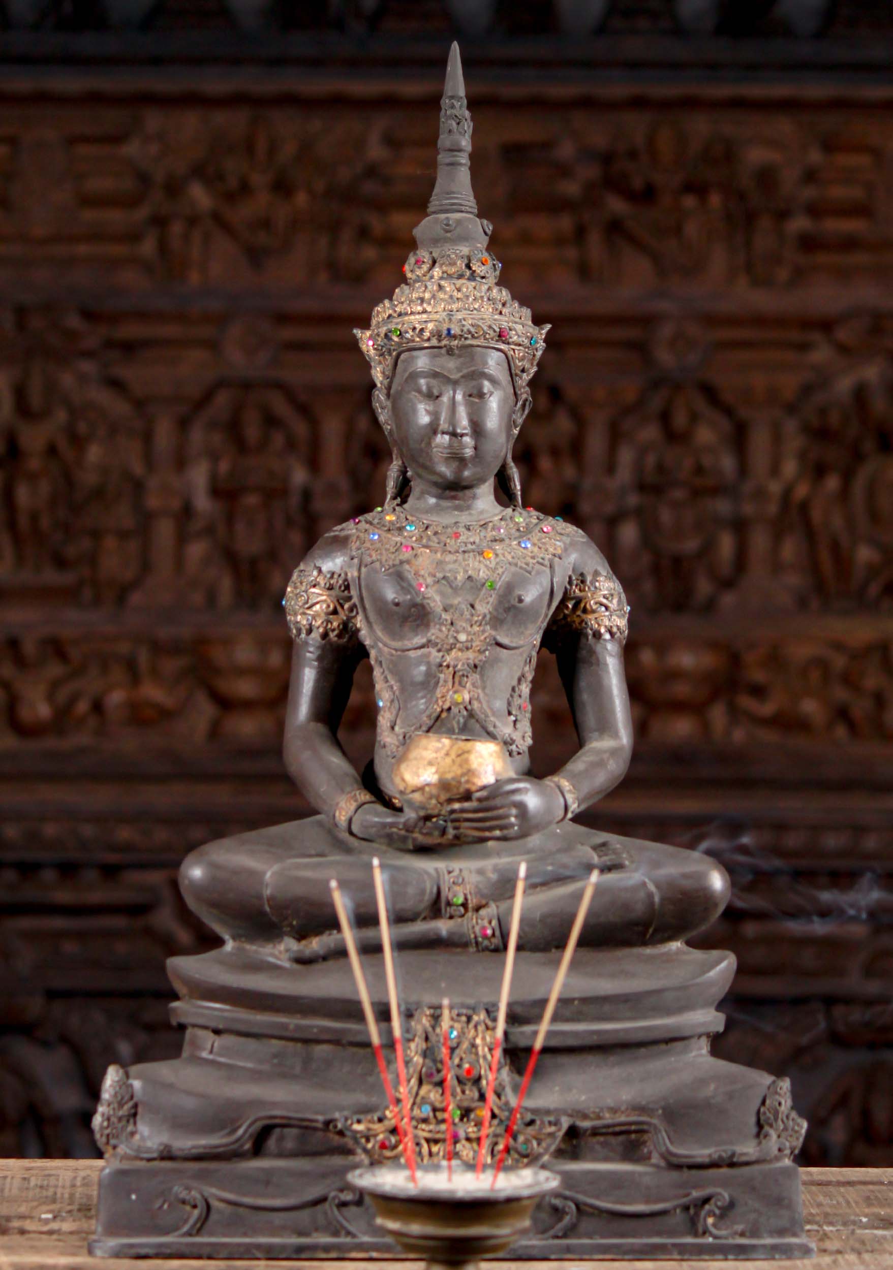 Brass Royal Thai Buddha Sculpture with Colored Stones Holding Alms Bowl in Ardhapadmasana 25