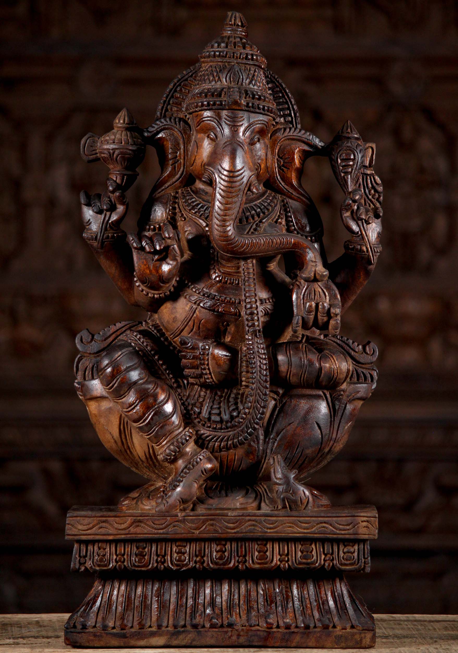 Wood Hand Carved Seated Ganesha Statue With Mooshika on Lotus Base 24"