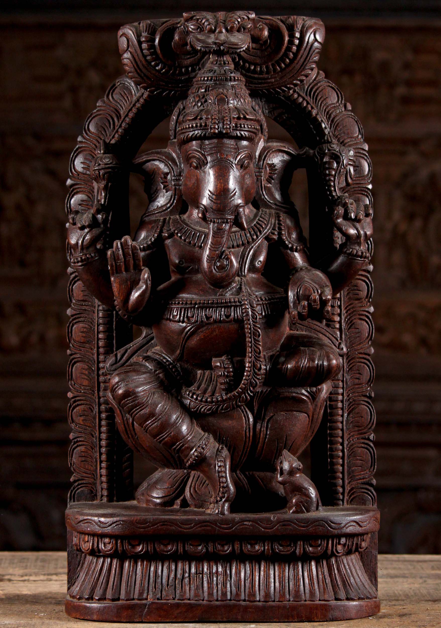 Wooden Seated Ganesha Under Arch in Abhaya Mudra of Protection Hand Carved Neem Wood Statue 24"