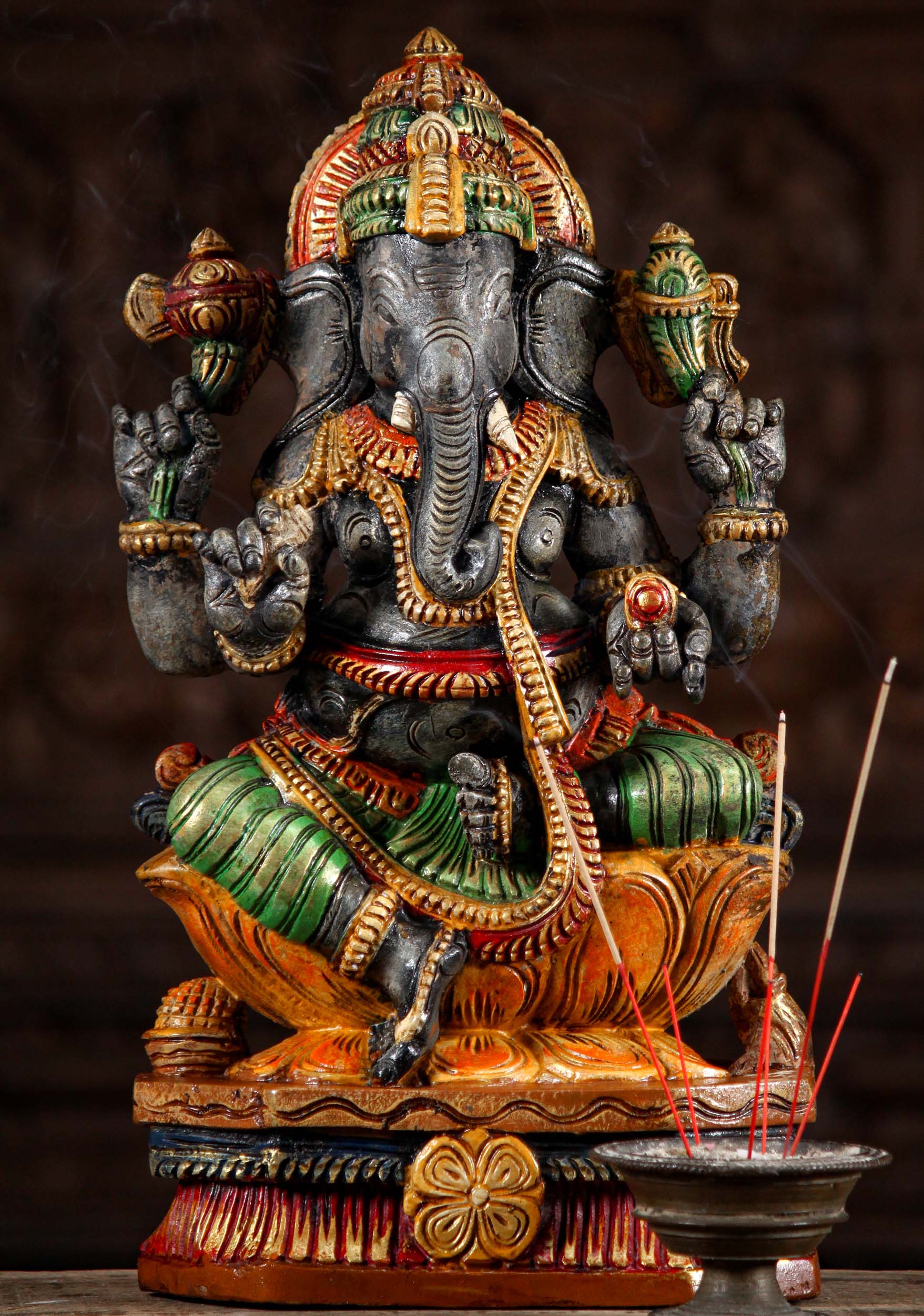 Neem Wood Hand Carved Seated Ganesha Statue on Lotus Base with Mooshika Rat 18"