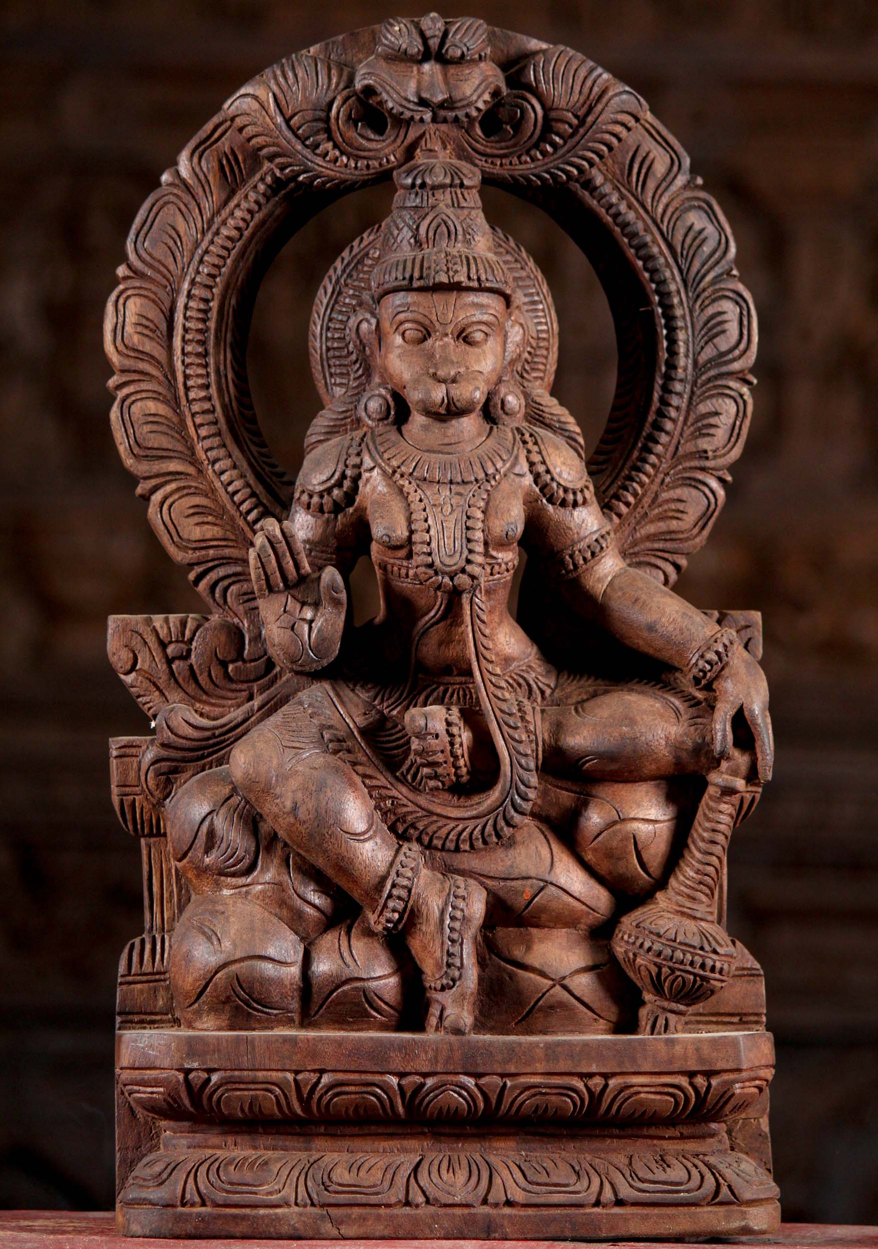 Hand Carved Neem Wood Seated Hanuman Statue under Mahakala Arch with Club on Lotus Base 18"