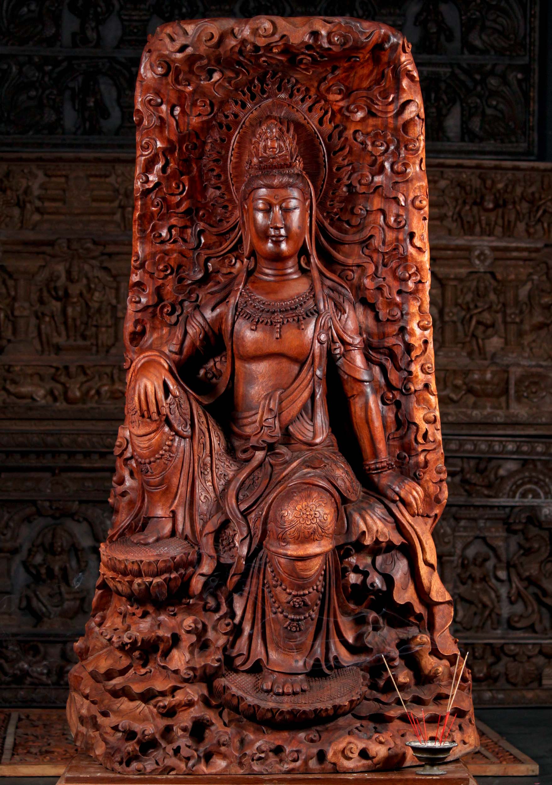 Detailed Wood Seated Bodhisattva Kwan Yin Buddhist Statue Hand Carved from a Tree 61"