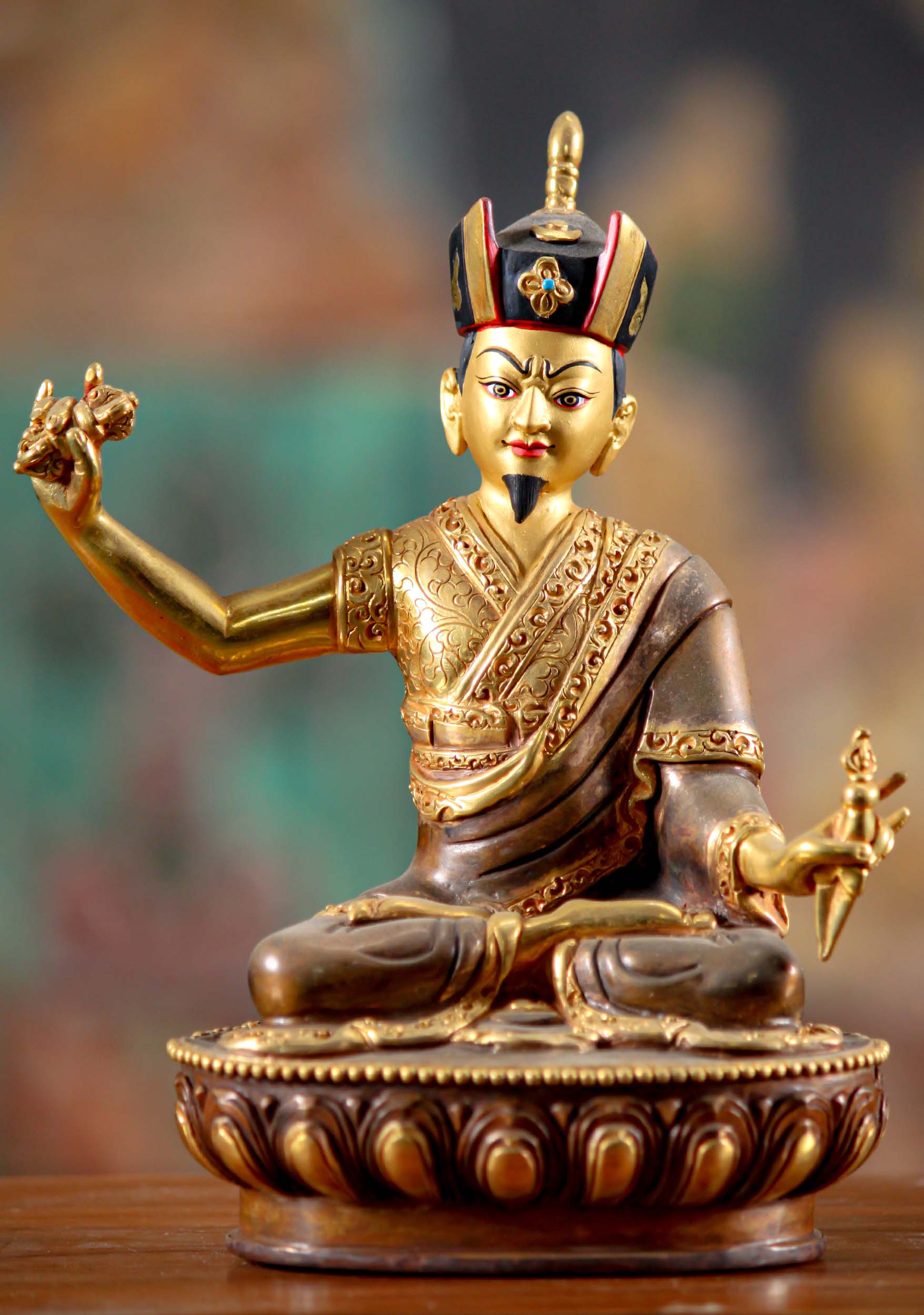 Small Gold Painted Copper Karma Pakshi, the Second Karmapa Holding Dorje Statue 6.5"