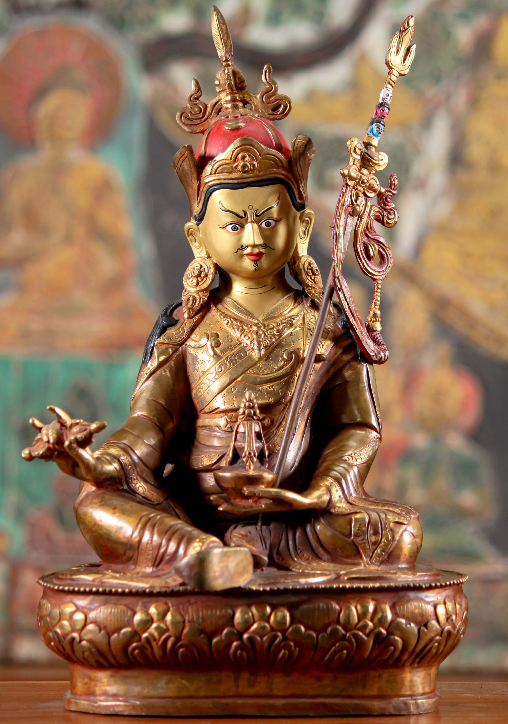 Small Gold Gilded Copper Nepalese Seated Padma Sambhava Sculpture with Trident Staff 14"