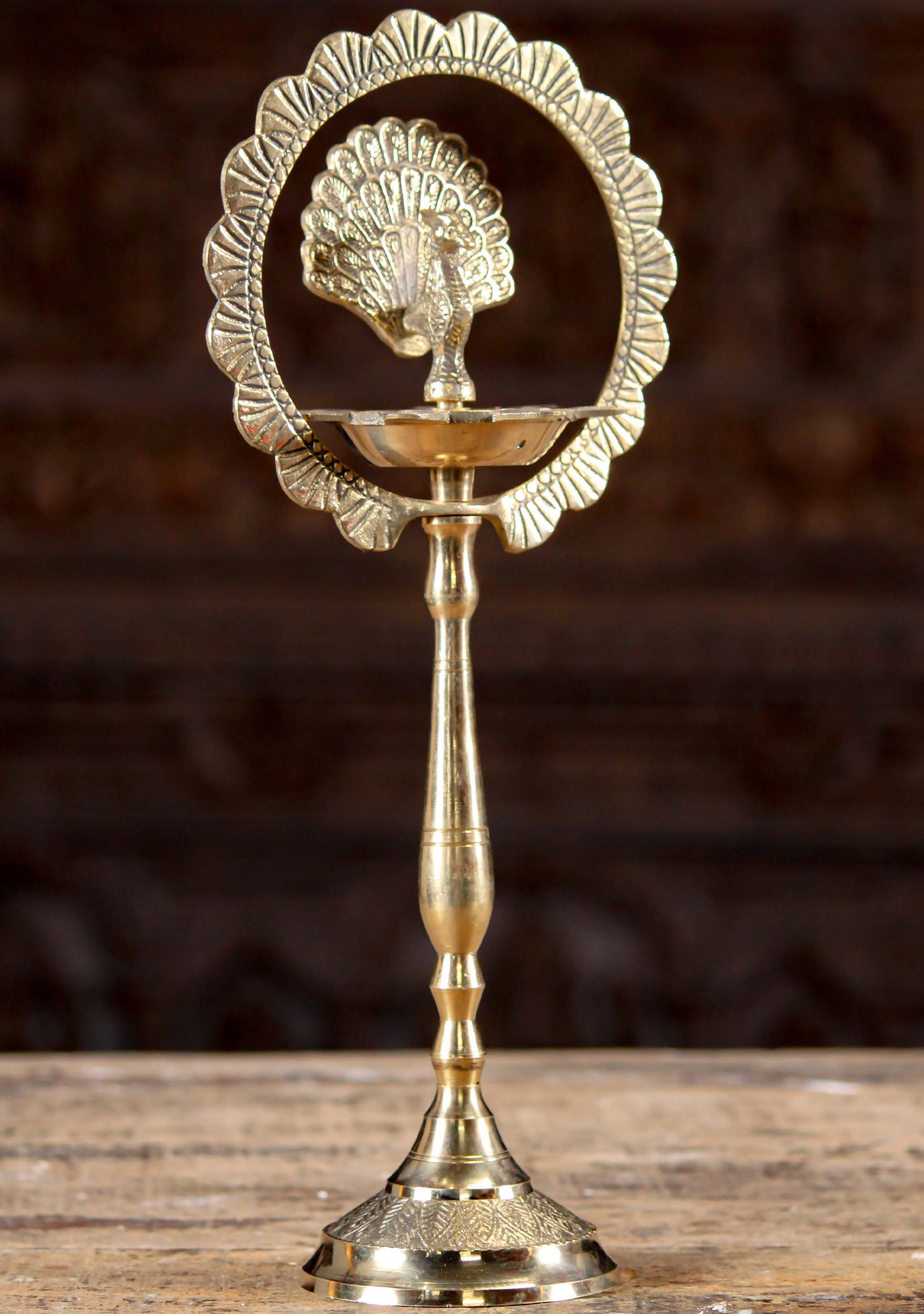 Small Polished Brass Peacock Lamp or Deepam Statue Perfect for Home Altar 15"