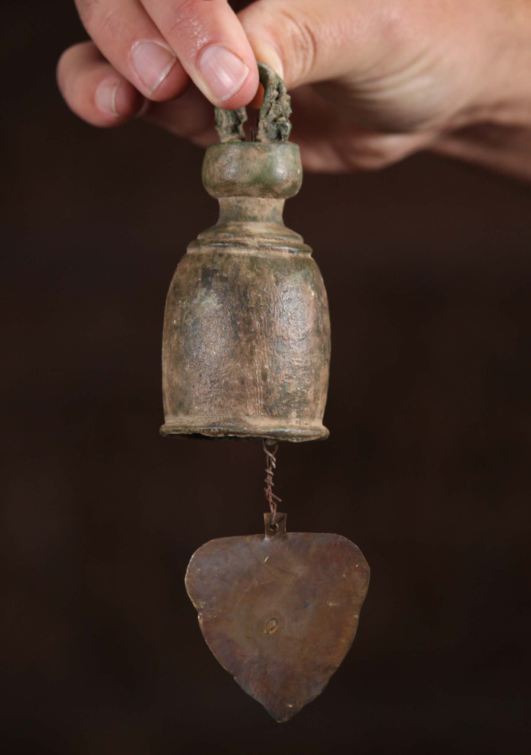 Small Lost Wax Method Thai Brass Temple Bell with Bodhi Leaf and Naga Snakes 7"