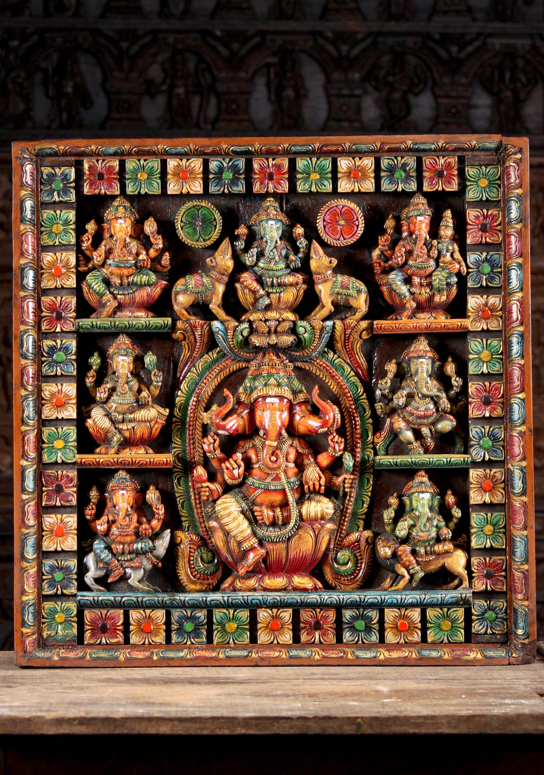 Wooden Hindu Wall Panel with 6 Different Forms of Ganesha "The Remover of Obstacles" 30"