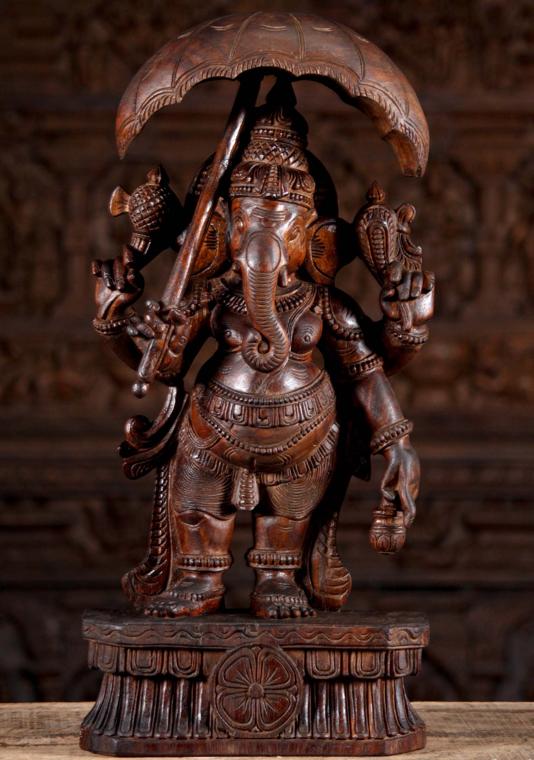 Hand Carved Wood Standing Ganesha Mappilai Ganapathi with Umbrella & Water Vessel 24"