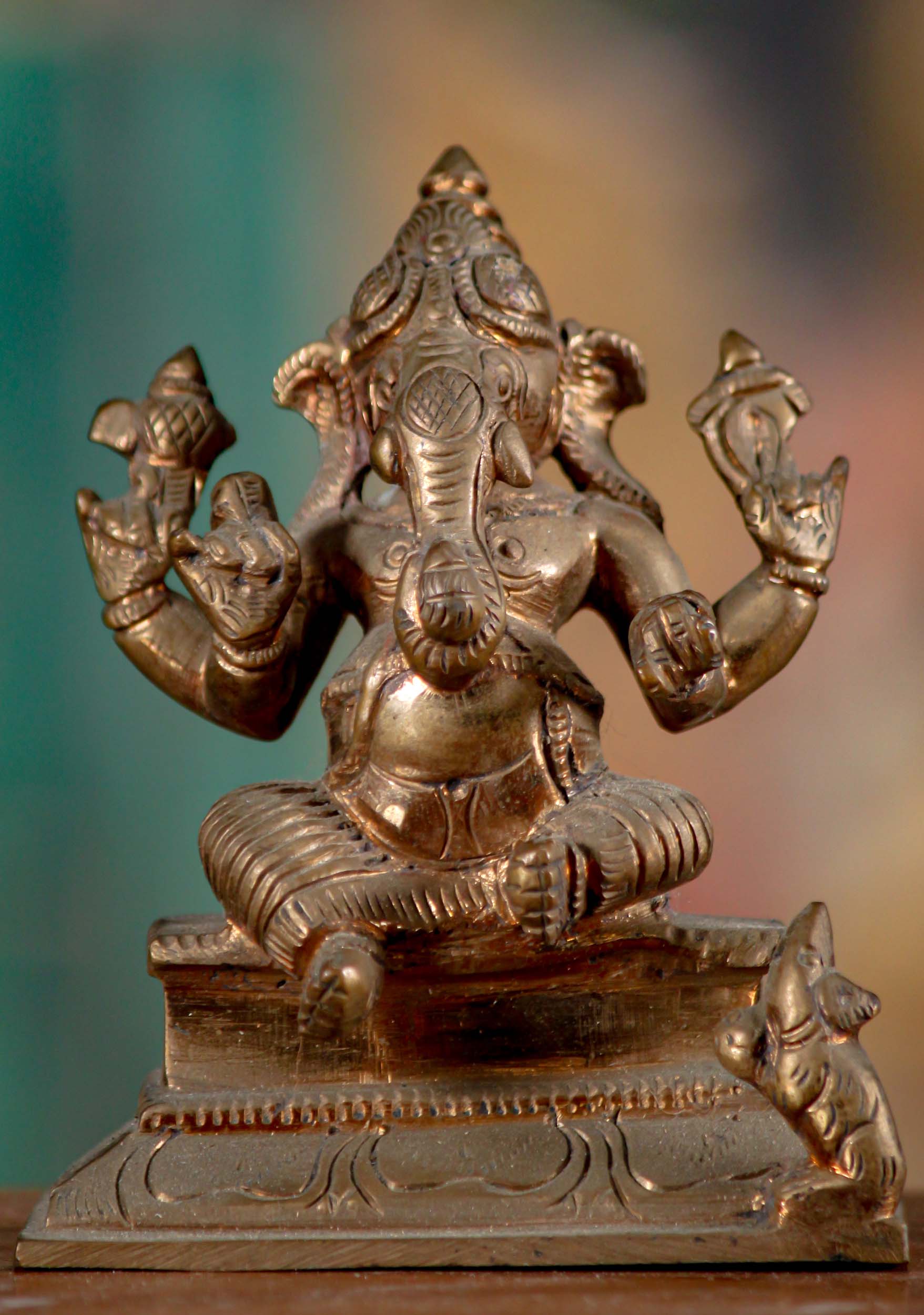 Small South Indian Panchaloha Altar Ganesha Statue Seated wit Mooshika Rat 4"