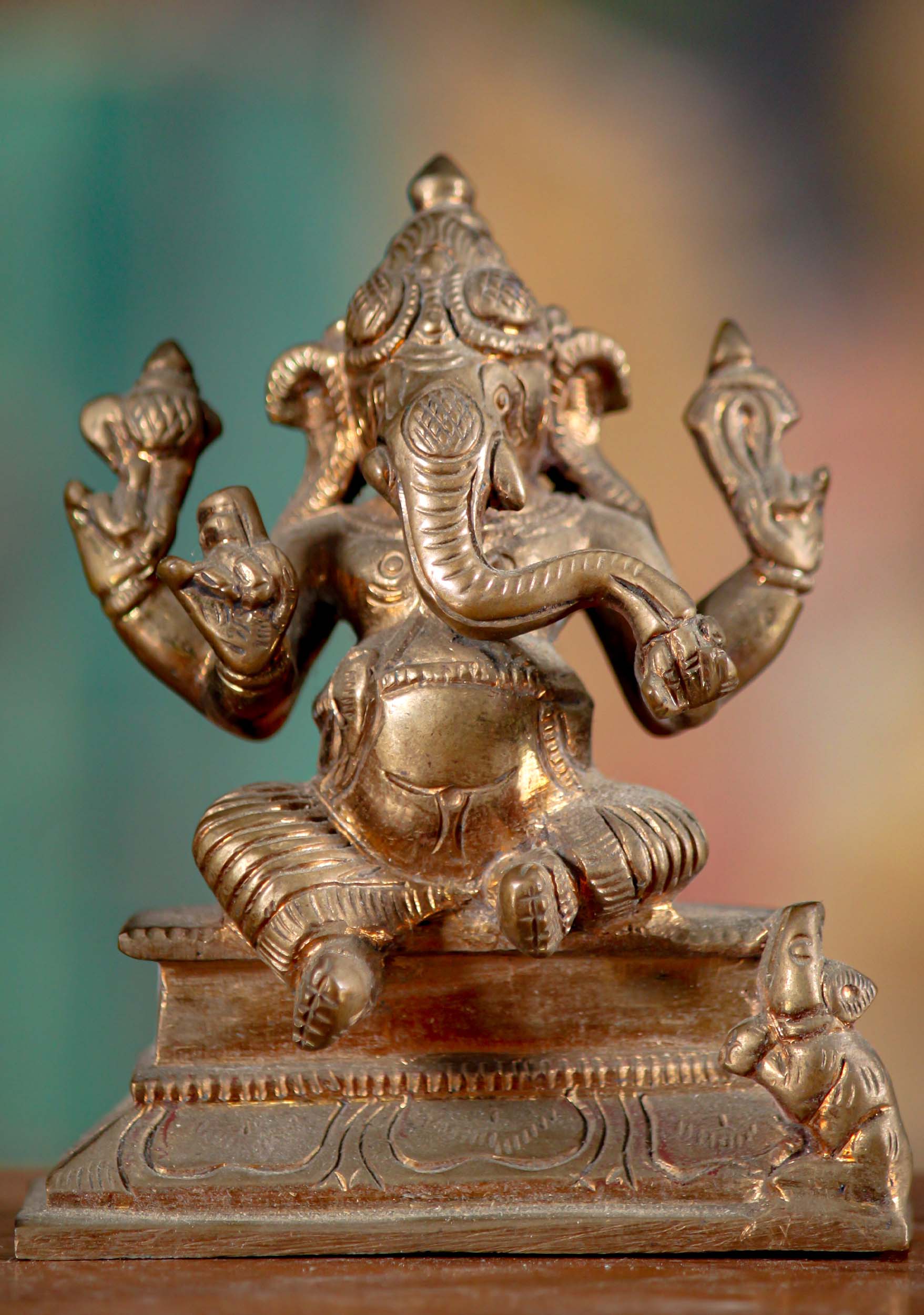 Small South Indian Panchaloha Altar Ganesha Statue Seated wit Mooshika 4"