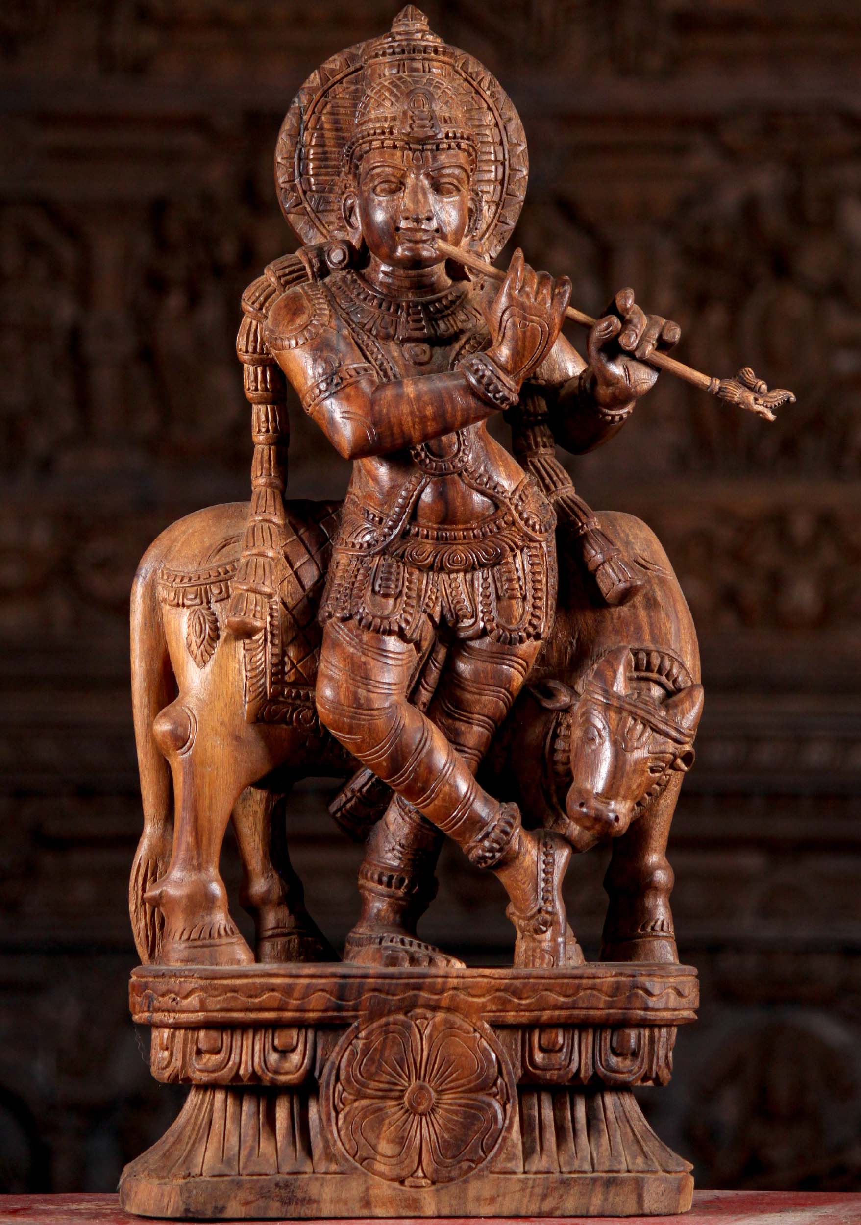 Neem Wood Hand Carved Krishna Staue Playing the Flute Standing with a Cow 24"