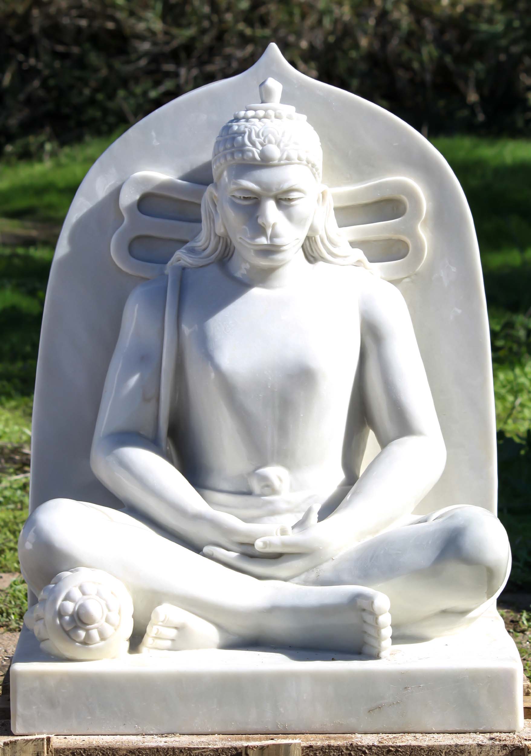 White Marble Meditating Hanuman Sculpture Perfect for Home Garden 31"