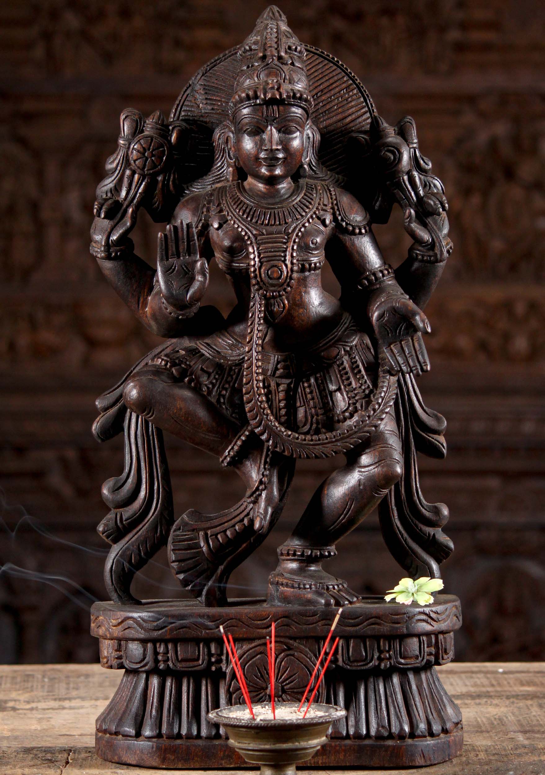 Hand Carved Wood Dancing Vishnu Sculpture in Varada, Abhaya Mudras 24"