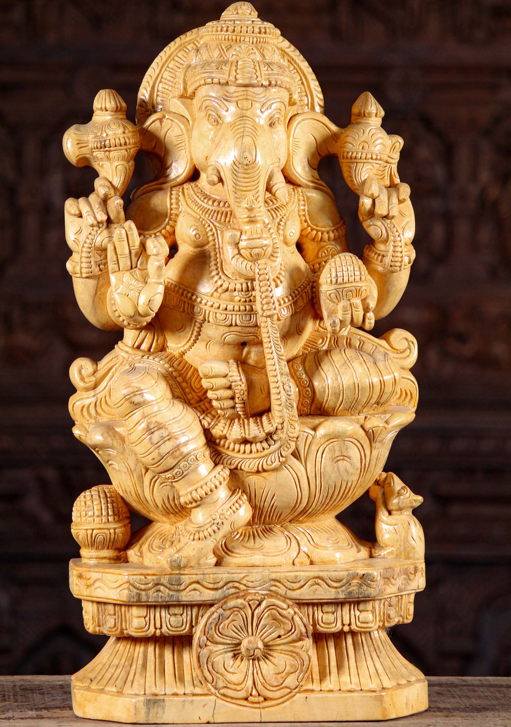 Hand Carved Ivory Painted Wooden Ganesh Statue Seated on Lotus Base Perfect for Home Altar 24"