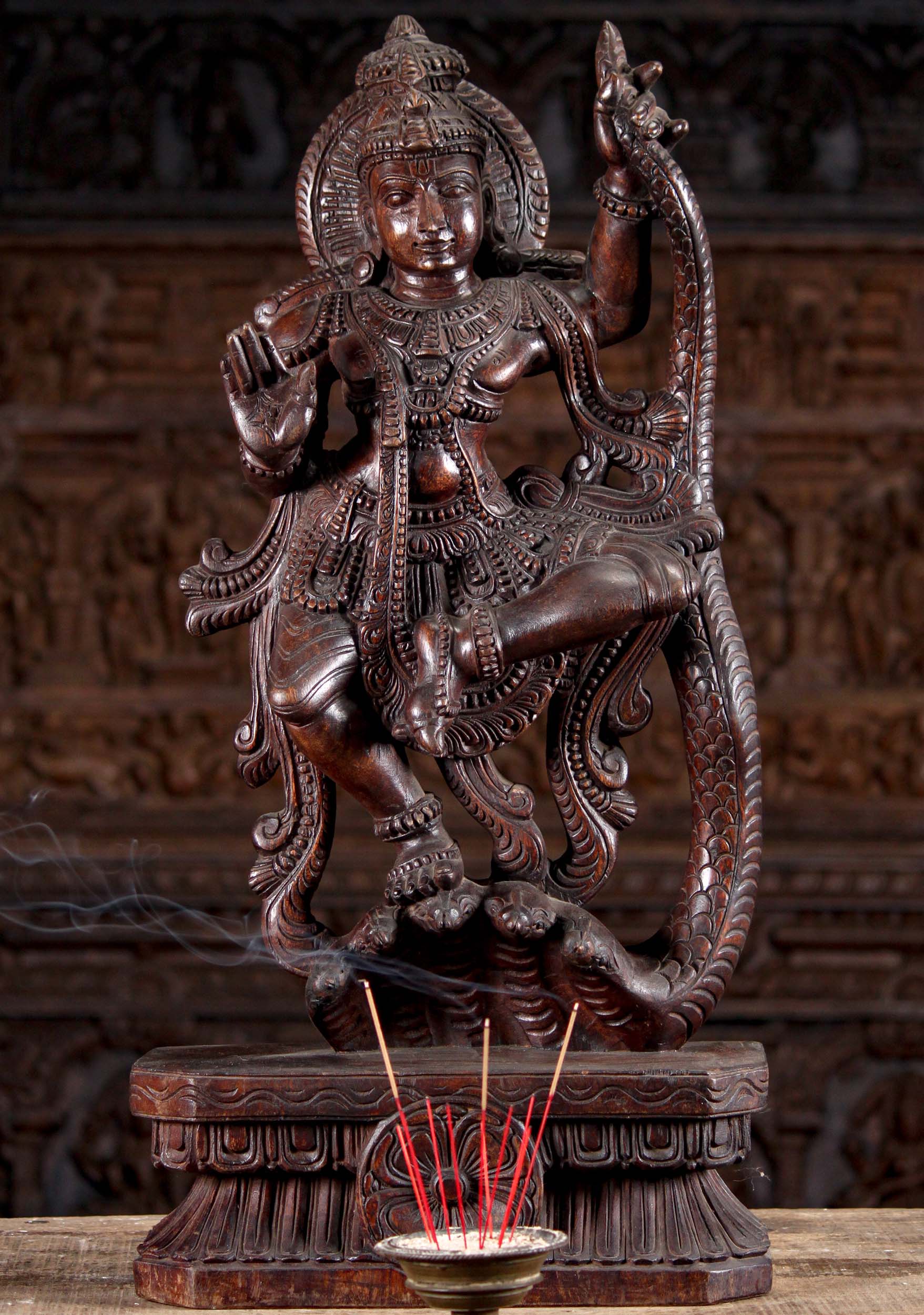 Stunning Neem Wood Hand Carved Krishna Dancing on Serpent Kaliya Sculpture 30"