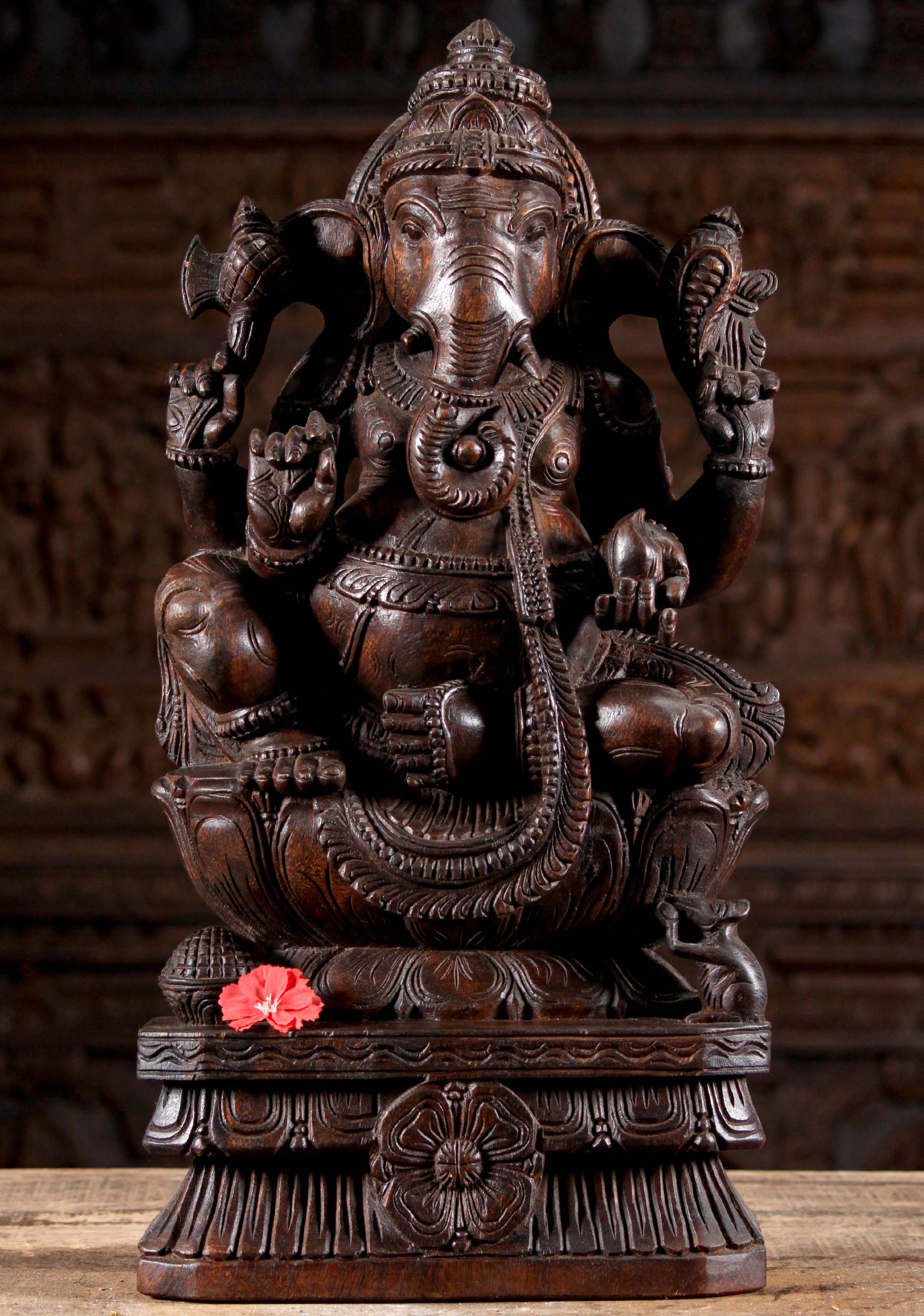 Wood Seated Hand Carved Ganesh Holding His Tusk on a Lotus Base Statue 24"