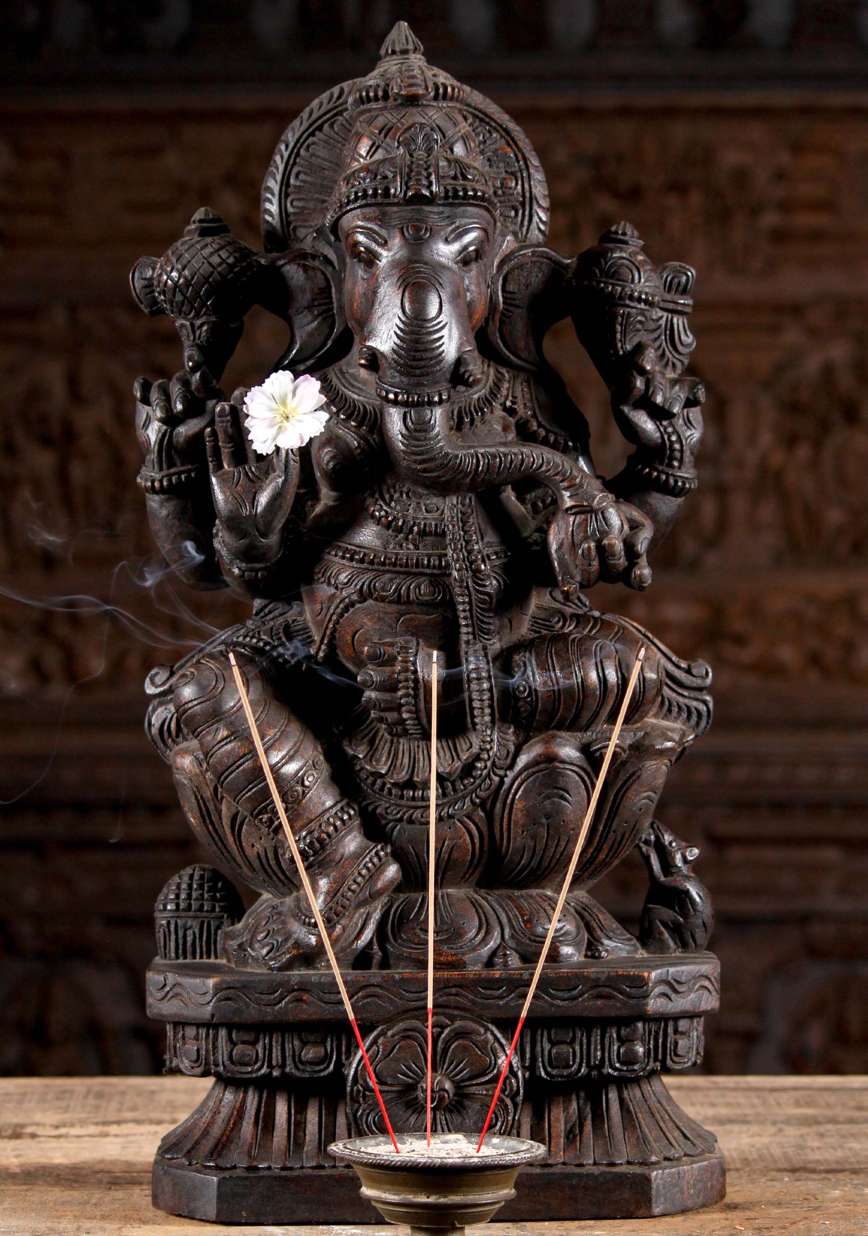 Seated Hand Carved Wooden Ganesha Sculpture Holding His Tusk on a Lotus Base Statue 24"