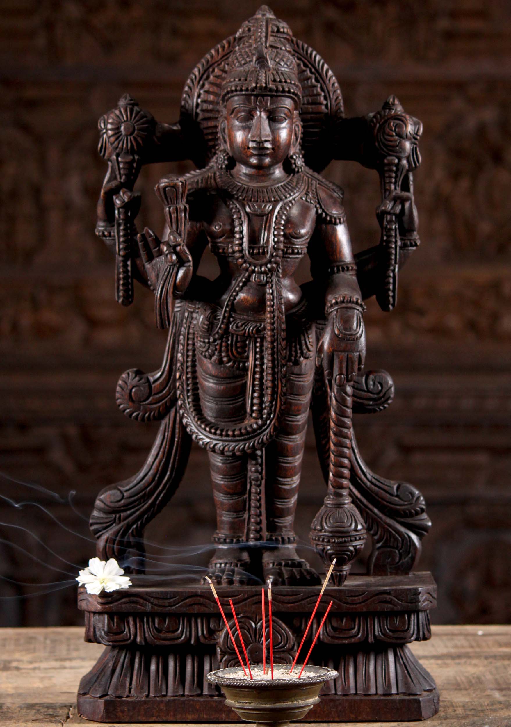 Wood Standing Vishnu Holding Lotus Flower with Large Club Perfect for Home Altar 24"