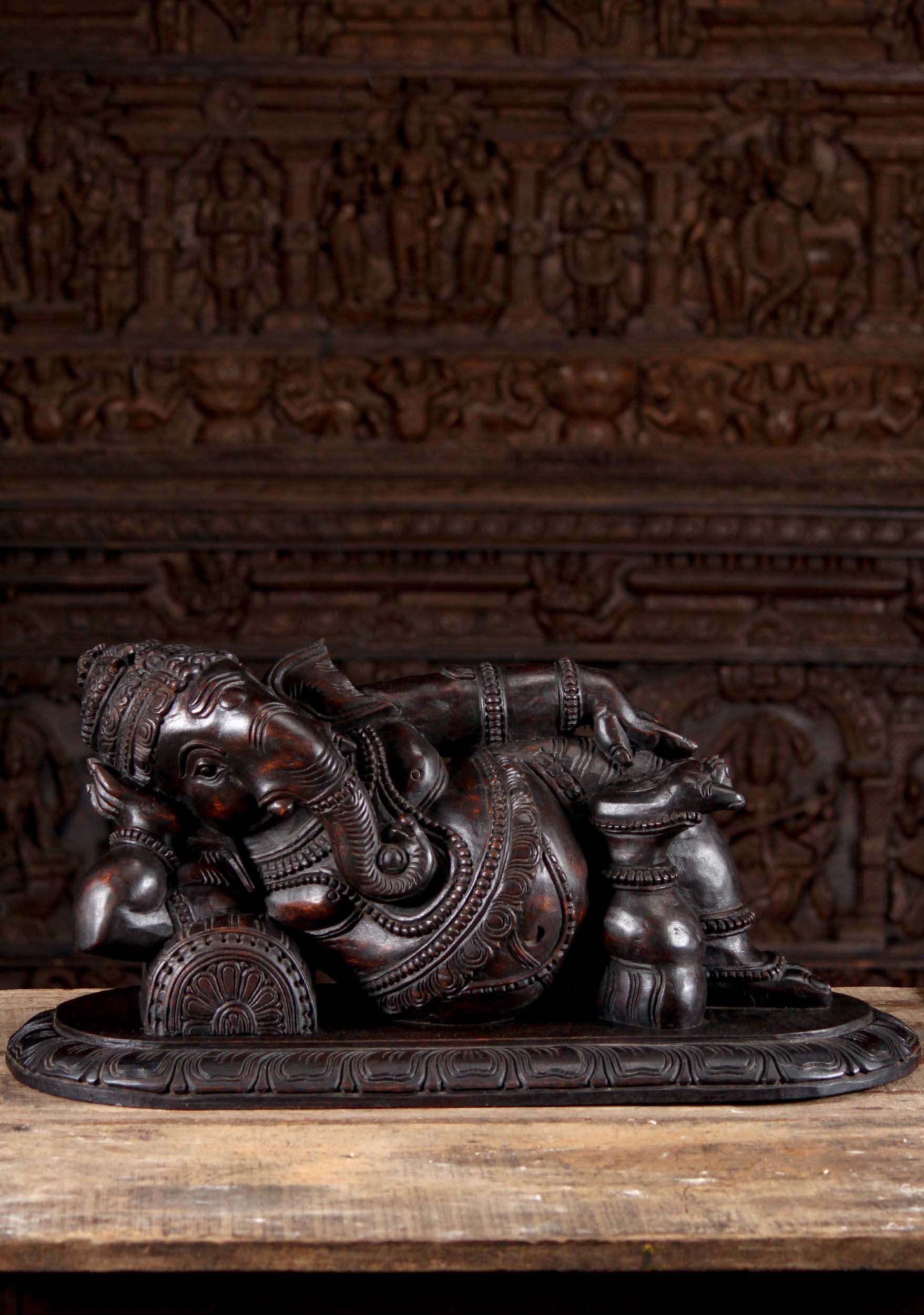 Hand Carved Dark Wood Reclining Siana Ganesha Statue Remover of Obstacles Hindu God 30"