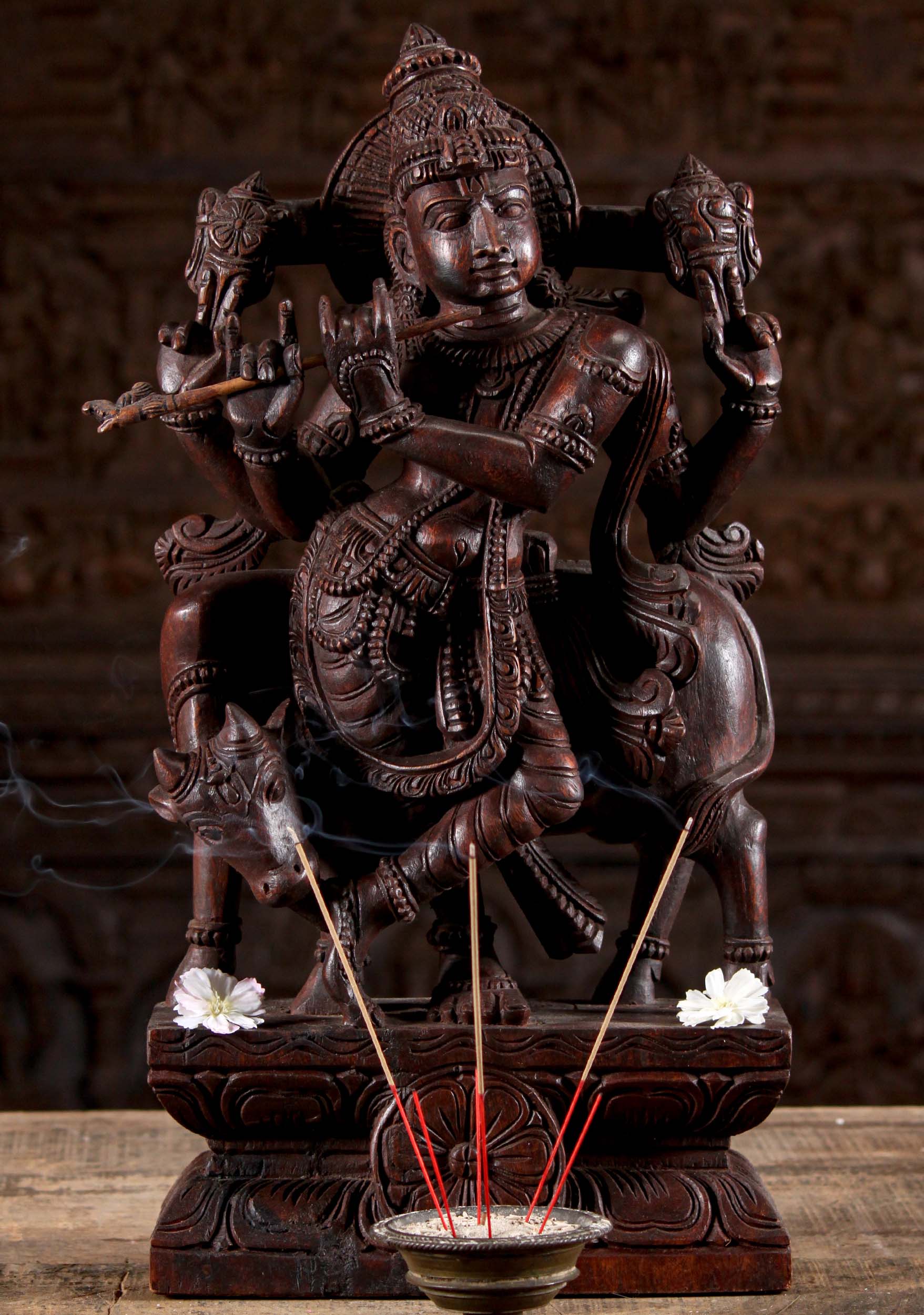 Wooden Hindu God Gopal Krishna Standing with a Cow Playing the Flute 24"