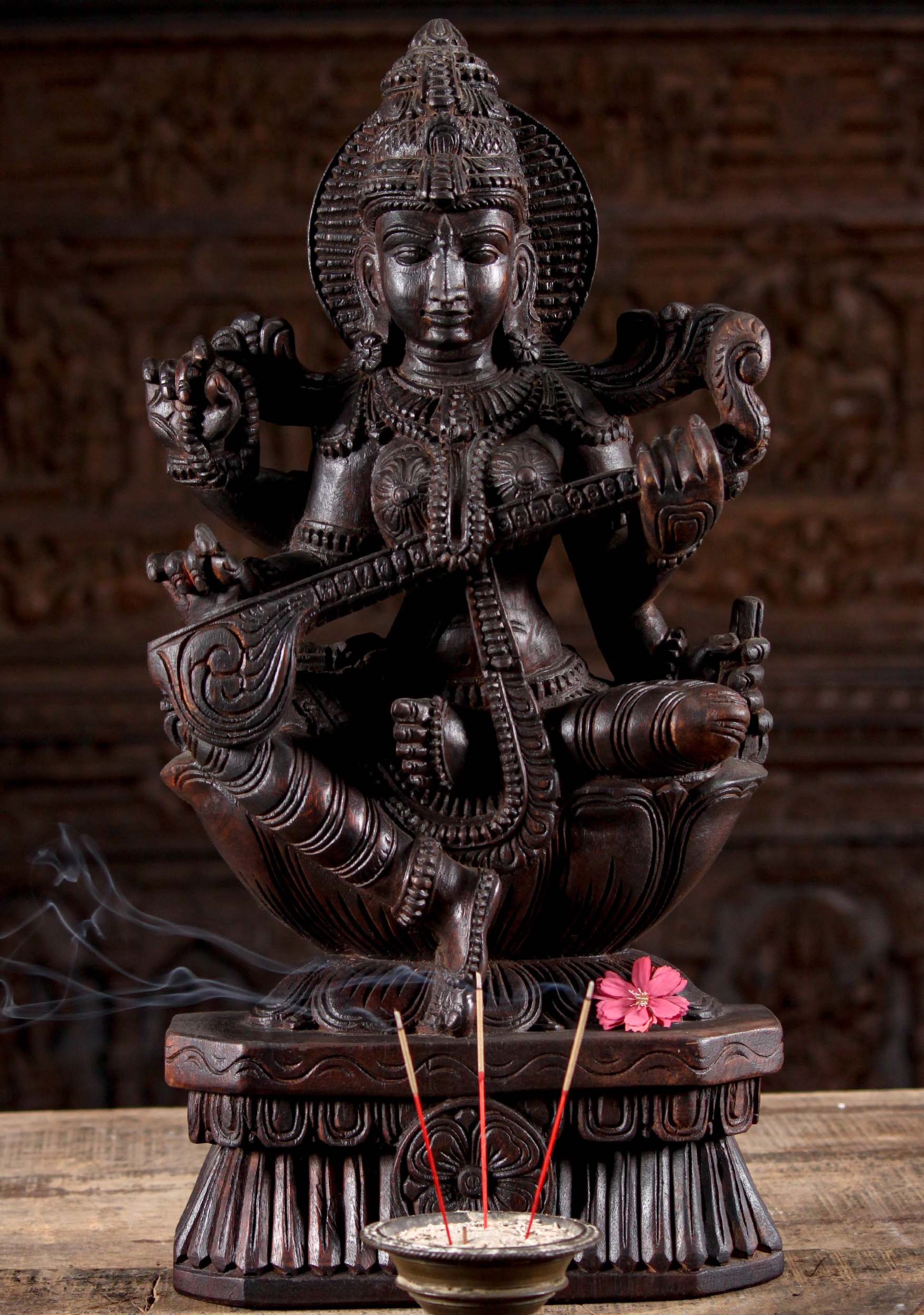 Hand Carved Neem Seated Wood Hindu Goddess of Wisdom Saraswati with Veena Instrument 24"