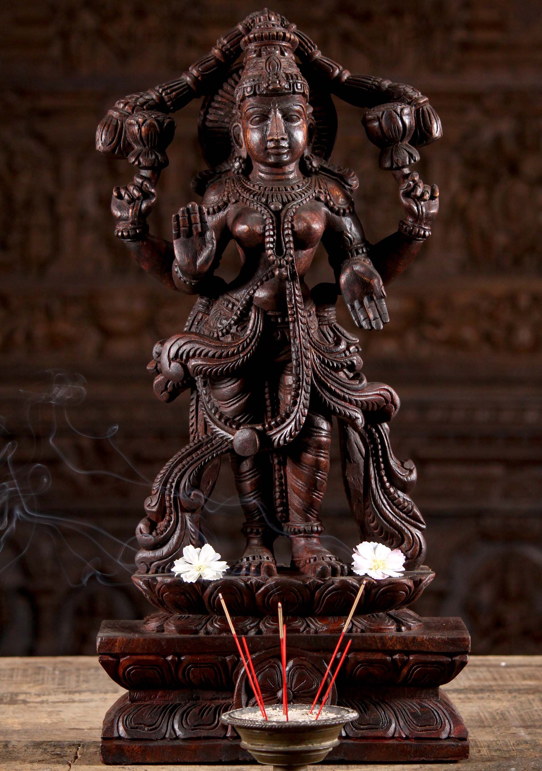 Wood Standing Abhaya Mudra Lakshmi Statue on a Blooming Lotus Base 24"