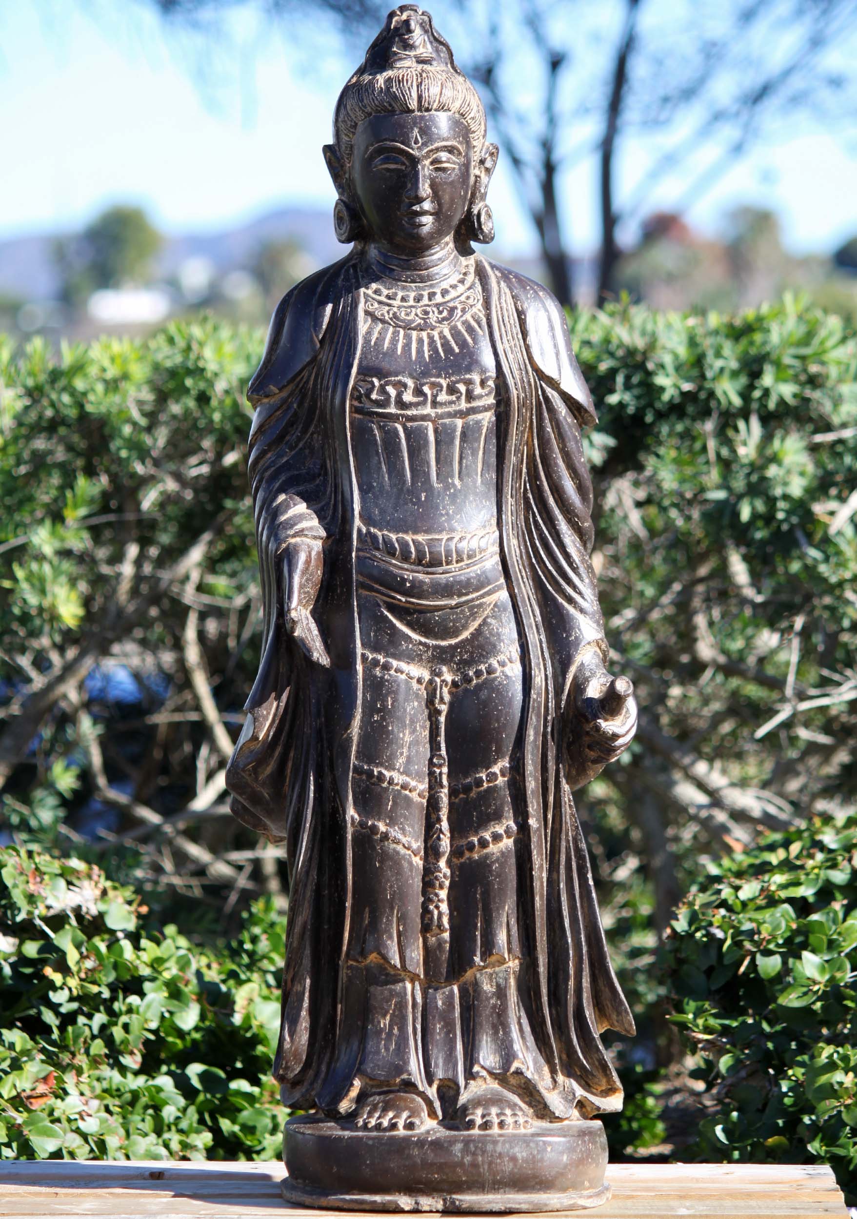 Standing Lava Stone Kwan Yin Buddhist Sculpture Holding Vase of Nectar 39"