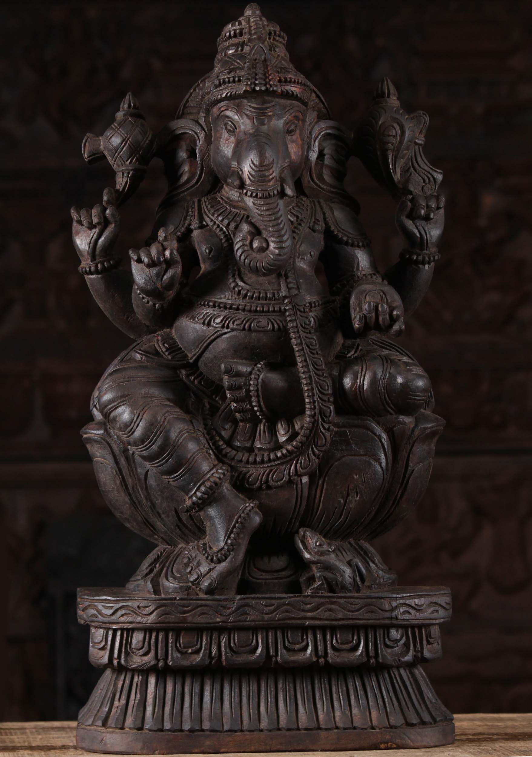 Dark Neem Wood Seated Hand Carved Ganesha Sculpture Holding Broken Tusk 24"