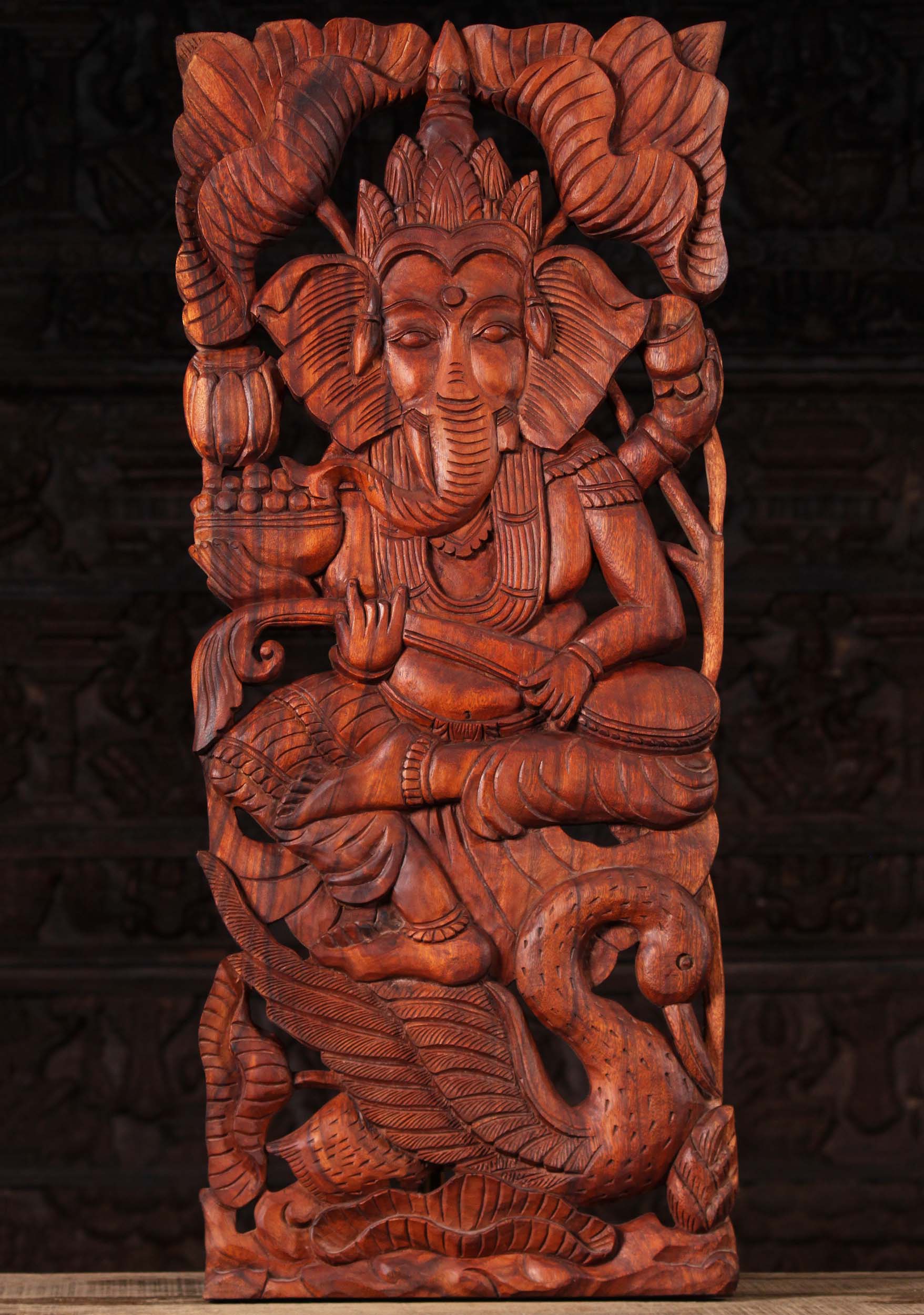 Wooden Balinese Ganesha Playing the Veena Riding on a Swan Hindu Panel Sculpture 36"